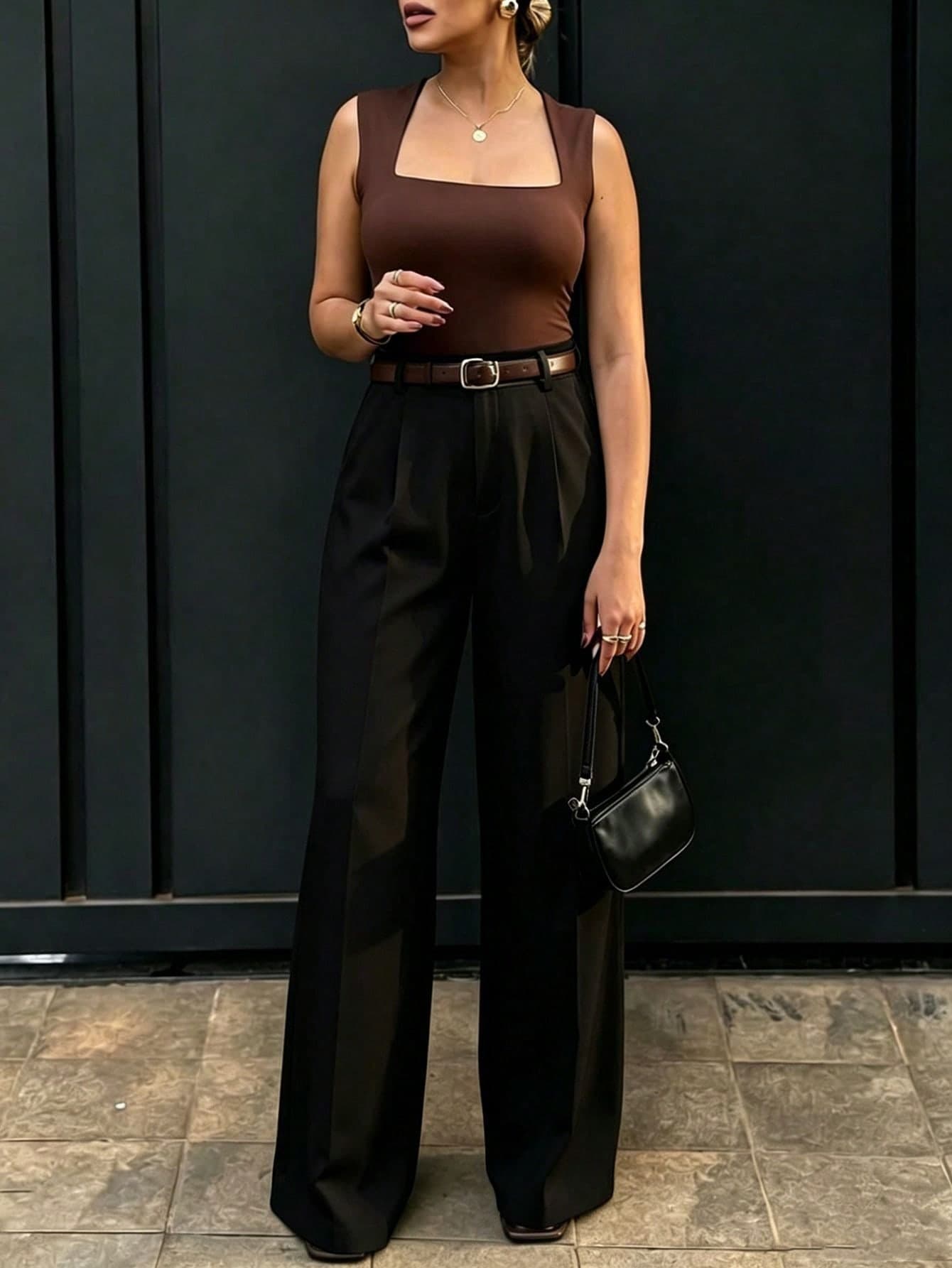 Women's Black High-Waist Slim Fit Wide Leg Pants | Bohemian Street Style | Suitable For Spring/Summer Casual, Work Commute Wear (Belt Not Included)