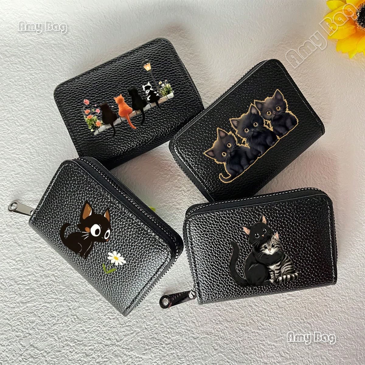 Cats Print 9 Card Slots Card Holder, Women's PU Credit Card Holder, Anti-Demagnetization Zipper Coin Purse, Accordion Design, Student Holiday Gift