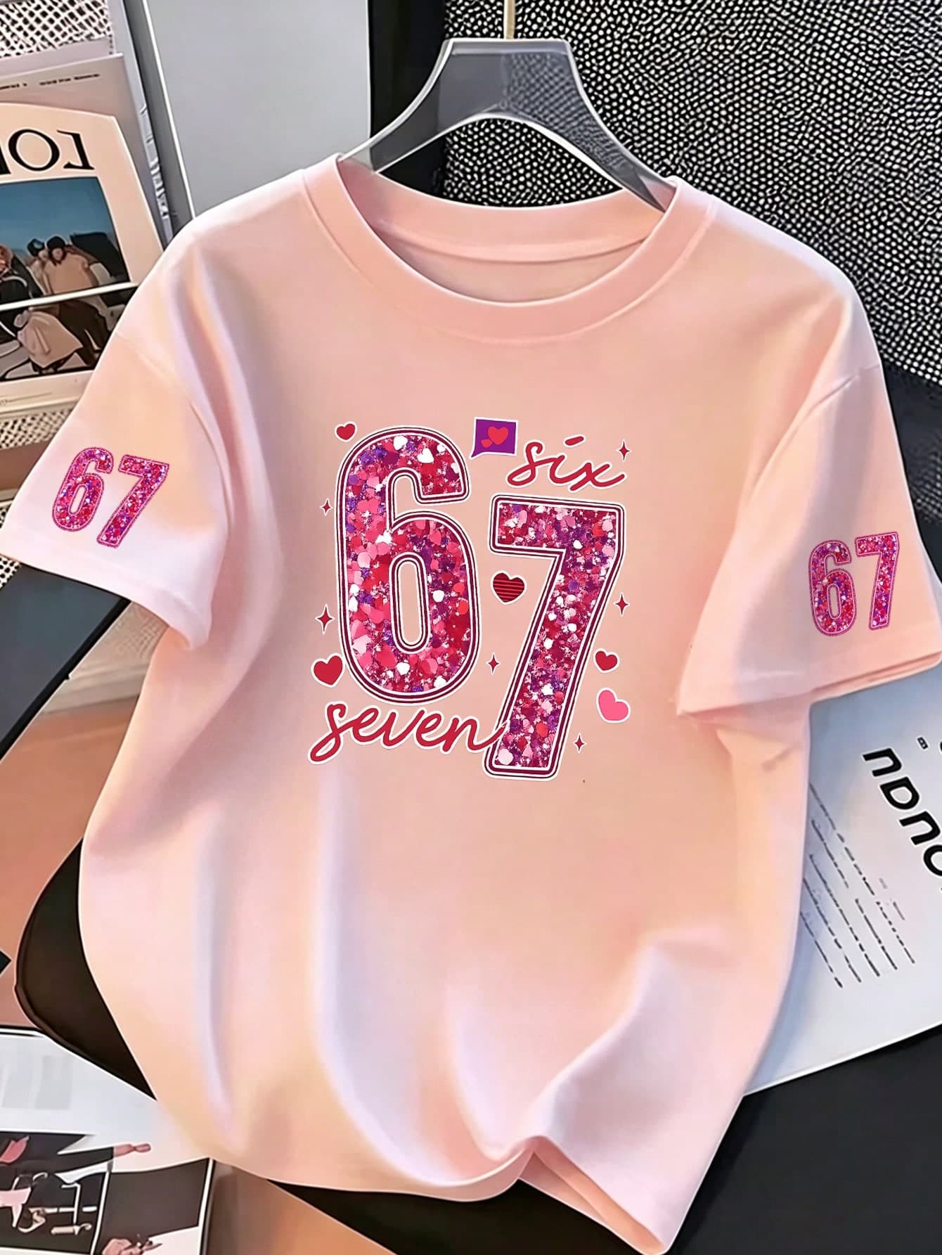 Teen Girls Coquette Style White T-Shirt, Glittery "67" Number And Heart Print Casual Short Sleeve T-Shirt, Cute Y2K Summer Streetwear Top