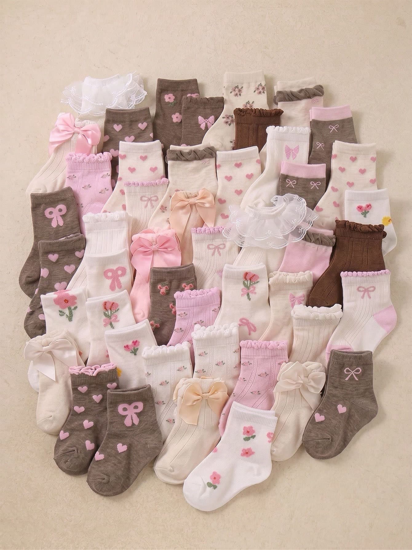 6/12/24 Pairs Soft Elastic Baby Boat Socks, Decorated With Floral Bow Heart Jacquard Pattern, In Maillard Pink Tone, Suitable For Toddler Girls, Comfortable And Breathable, High Elasticity, No Tightness, Suitable For 0-36 Months Babies, Ideal For Autumn Daily Wear And Back To School Season. Baby Socks, Girls Socks, Boat Socks, Floral Socks, Bow Socks, Heart Socks, Back To School Gifts, Newborn Gifts