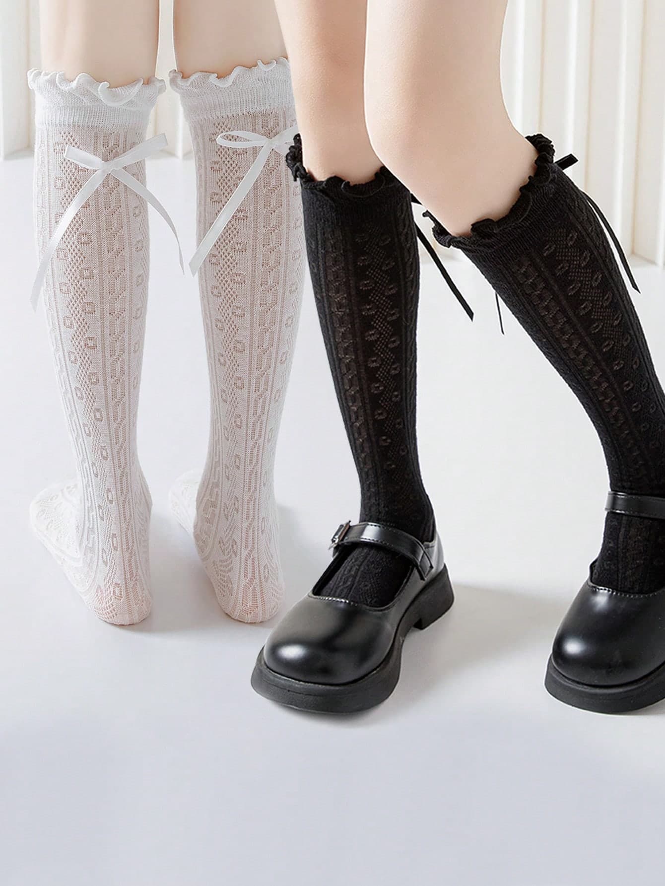 2/1 Pair Kids Knee High Socks, Girls Mesh Socks, White, Black, Solid Color, Frill, Bowknot , Polka Dot, Stripe, Straight Tube Socks, Cute, Princess Style, School Style, Spring Summer Autumn, Suitable For Daily Wear, Party, Princess Socks, Holiday, Back To School Season, Delicate Cute, Versatile, Can Be Paired With Flats, Sneakers, Loafers, Back To School, Student, New Semester, Start Of School, Classroom