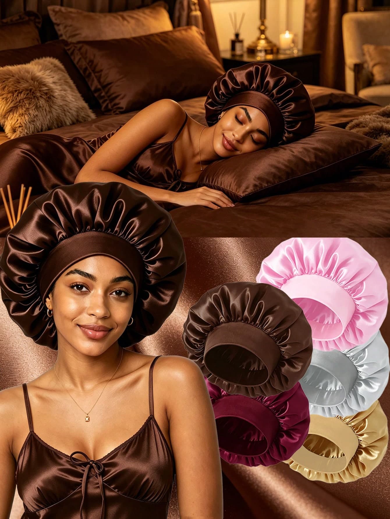 1/2/3/4pcs Silk Sleep Cap, Satin Headscarf, Soft Elastic Band Silk Sleep Cap, Silk Headscarf Suitable For Curly Hair (Black, Gold, Coffee, Pink)
