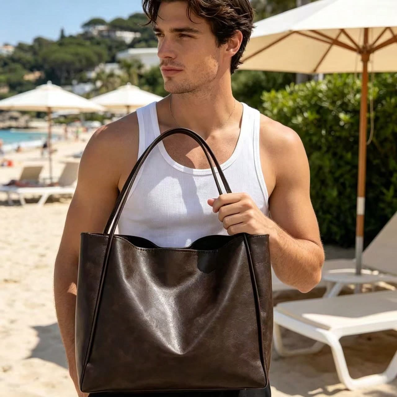 Minimalist Business Style Soft Leather Men's Tote Bag, Matte Brown Leather Wear-Resistant And Durable, Structured Shape Resistant To Collapsing, Long Handle And Shoulder Strap For Versatile Carrying, Large Capacity Fits Laptop, Perfect For Commuting And Outings Paired With White Tank Top Or Casual Blazer For A Sophisticated Look