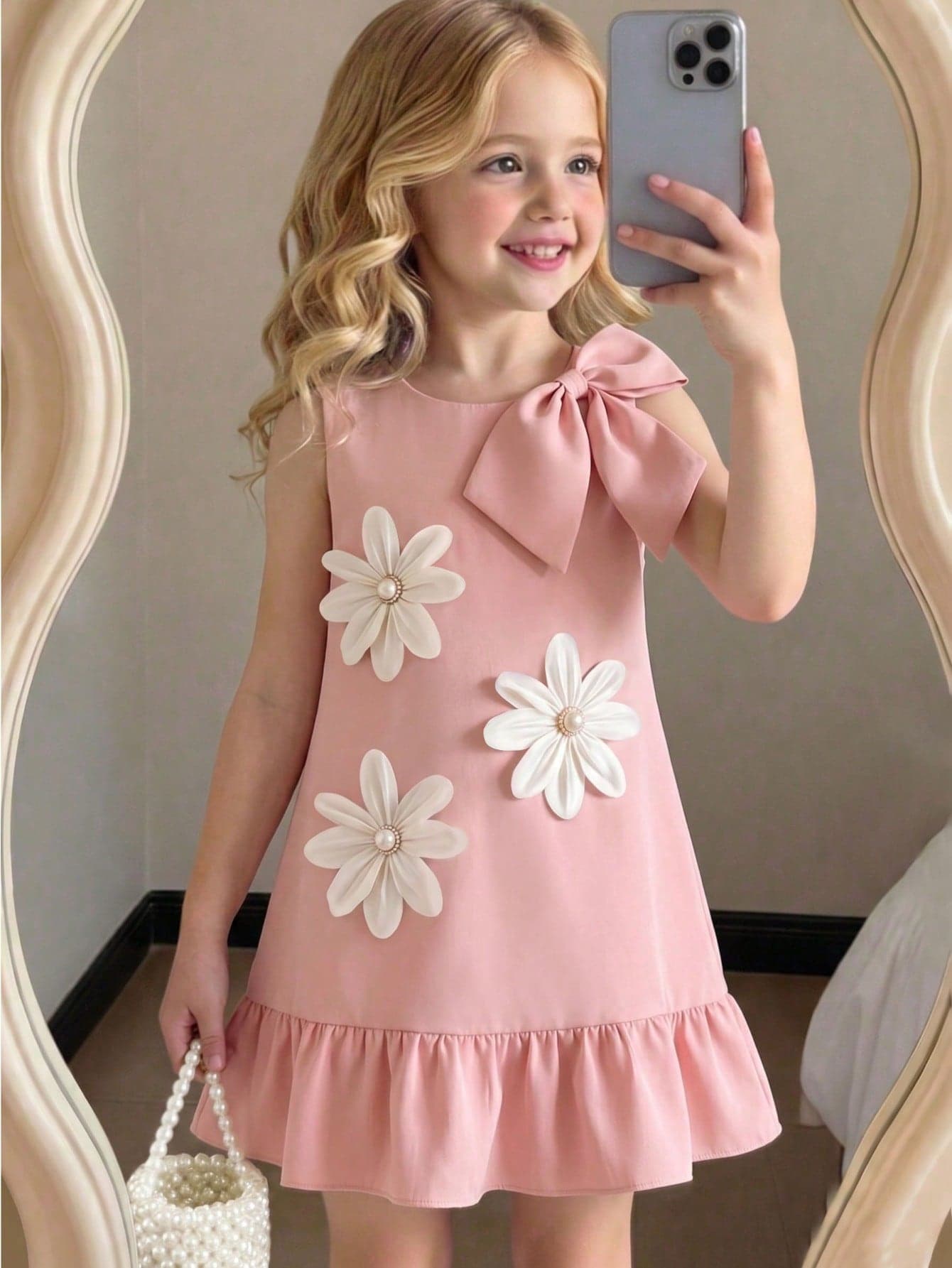 Young Girl' Fashion Handmade 3D Bow & Flower Decor Sleeveless Casual Dress, Party Dress