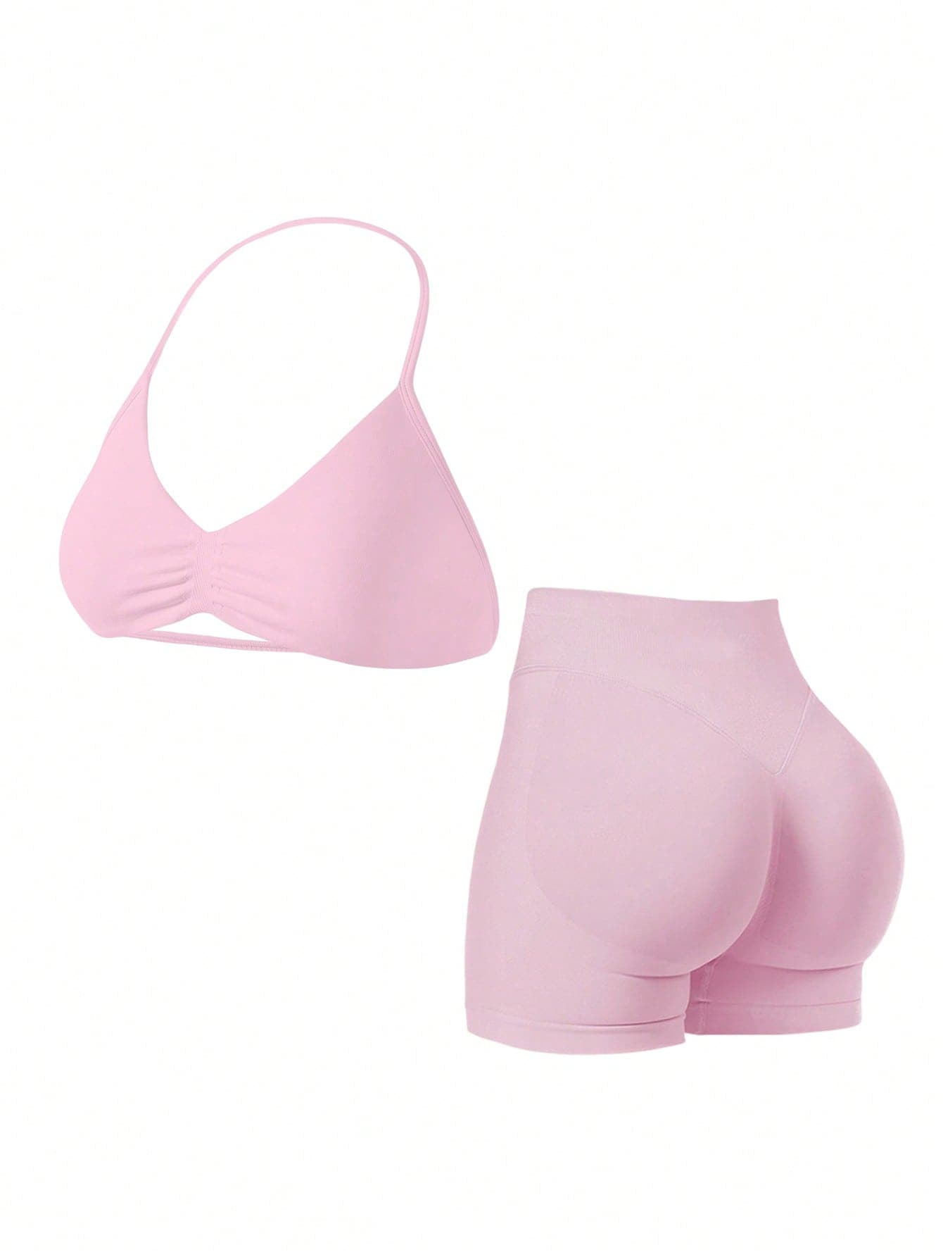 Women's Summer 2 Pieces Pink Top And High-Waisted Shorts Set, Suitable For Sports, Yoga, Pilates, Gym, Running