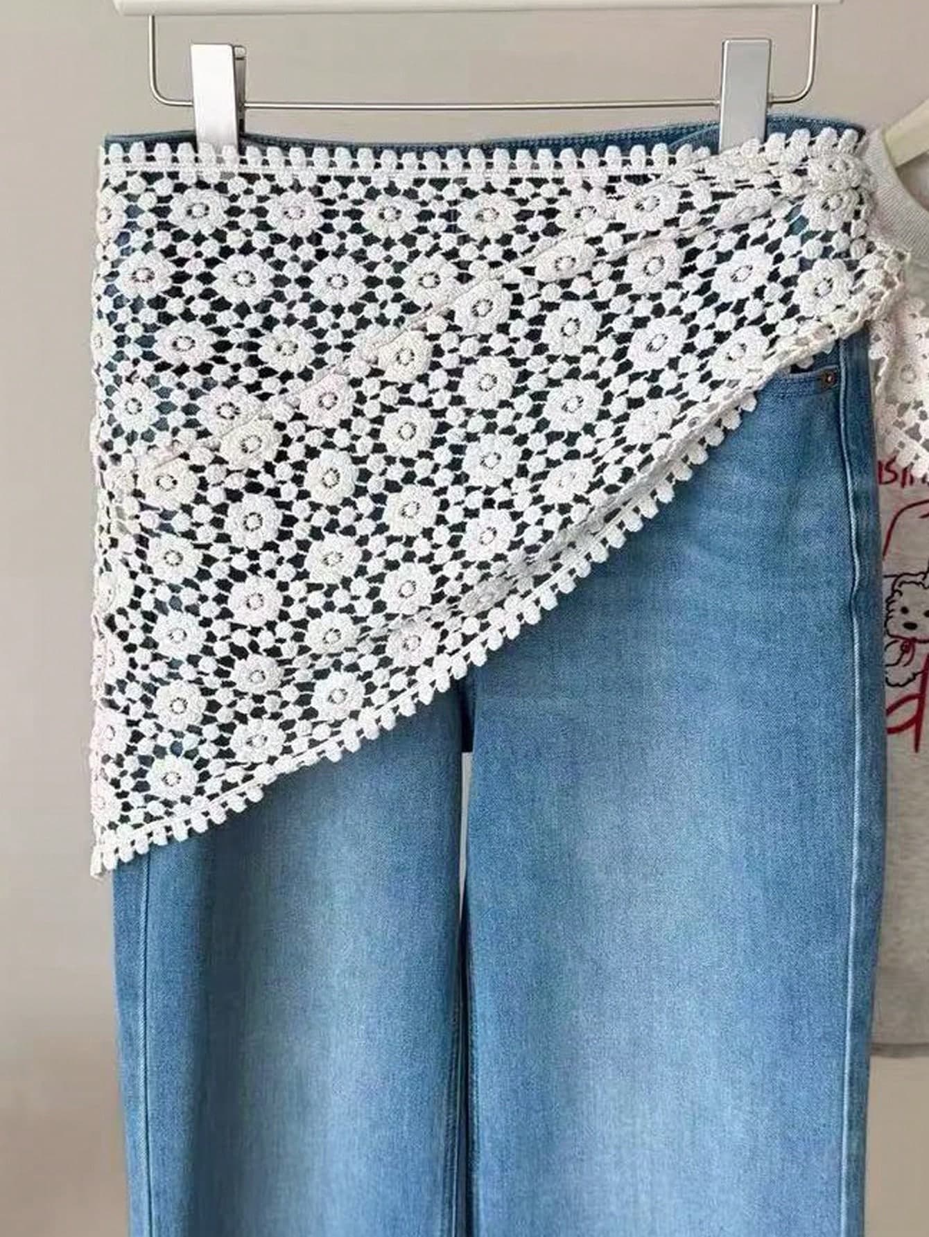 Hollow Crochet Floral Triangle Waist Scarf, Asymmetrical Lace Layered Denim Jeans Hip Cover Decorative Apron