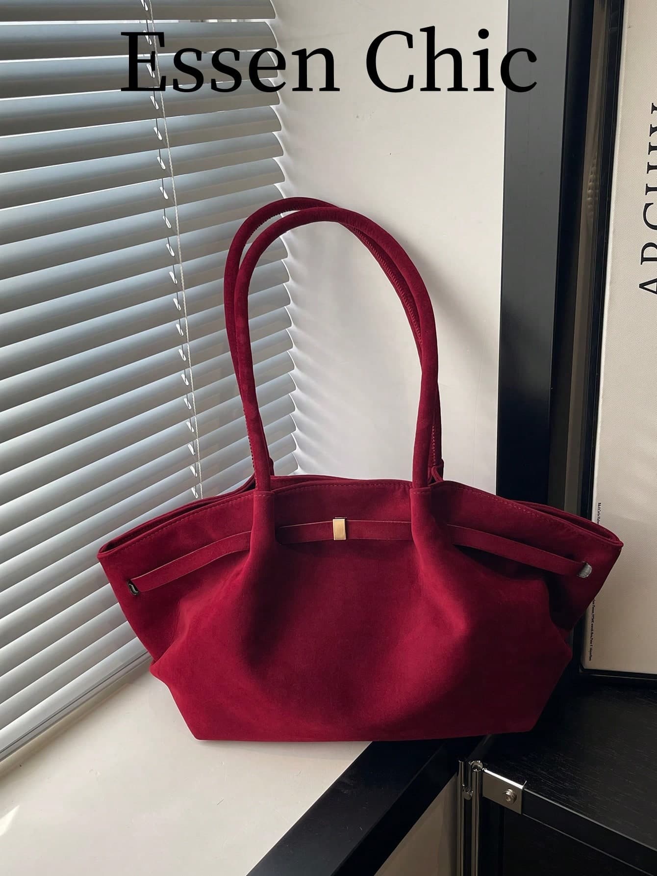 1pc Red Summer New Metal Hardware Strap Decor Large Capacity Solid Color PU Tote Bag Women Shoulder Bag