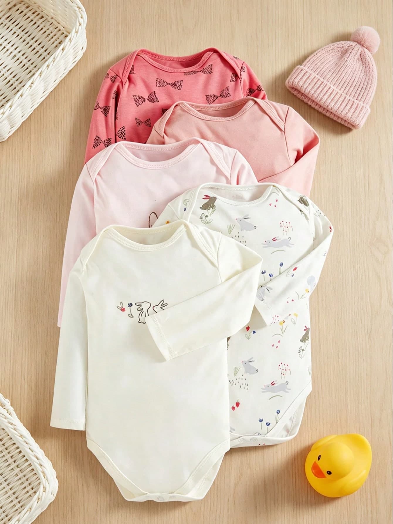 3-24 Months Baby Girls Pure Cotton Breathable Long Sleeve Cute Bodysuits, Rabbit Print Pink Tone 5pcs Set, Soft Skin-Friendly One-Piece