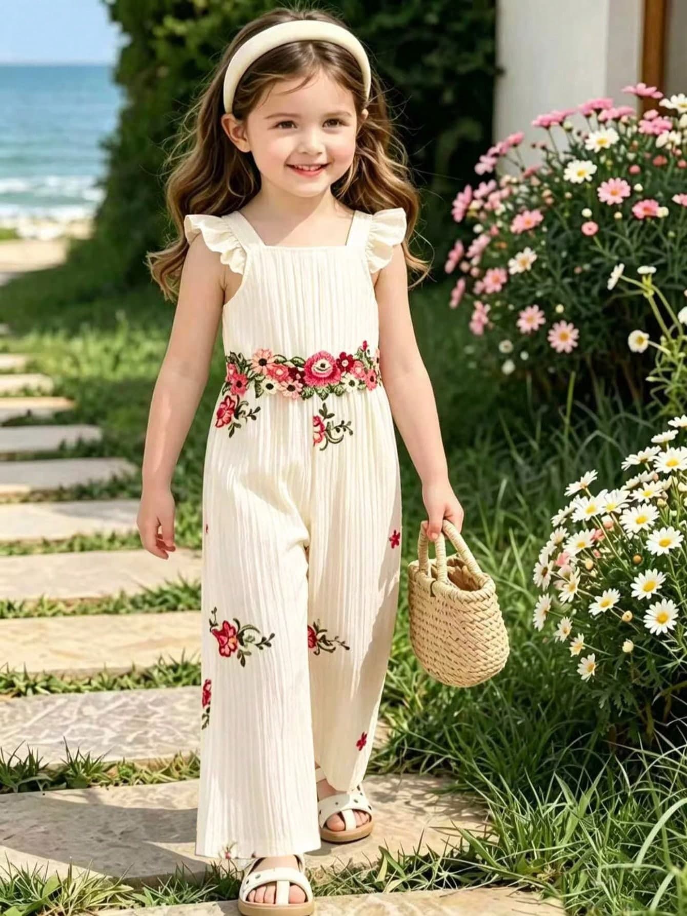 4-7 Years Old Girls' Retro Floral Embroidered Jumpsuit With Flutter Sleeves, Straight Leg (Embroidery Placement & Waist Flower Color Random), Sweet Style For Parent-Child Activities, Garden Party