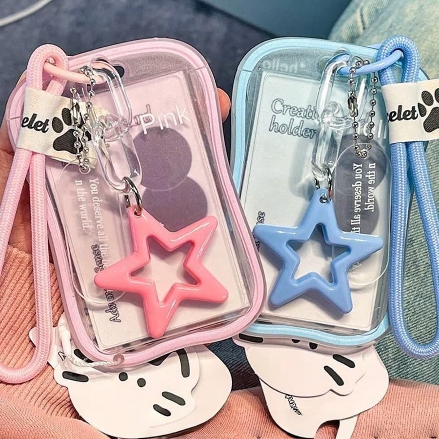 Gradient Pastel Multi-Color Wave Shape Clear Card Holder Hollow Star Pendant Hand Strap ID Badge Cover, Sweet Coquette Style School Bus Pass Credit Card Protective Case With Kitty Hang Tag