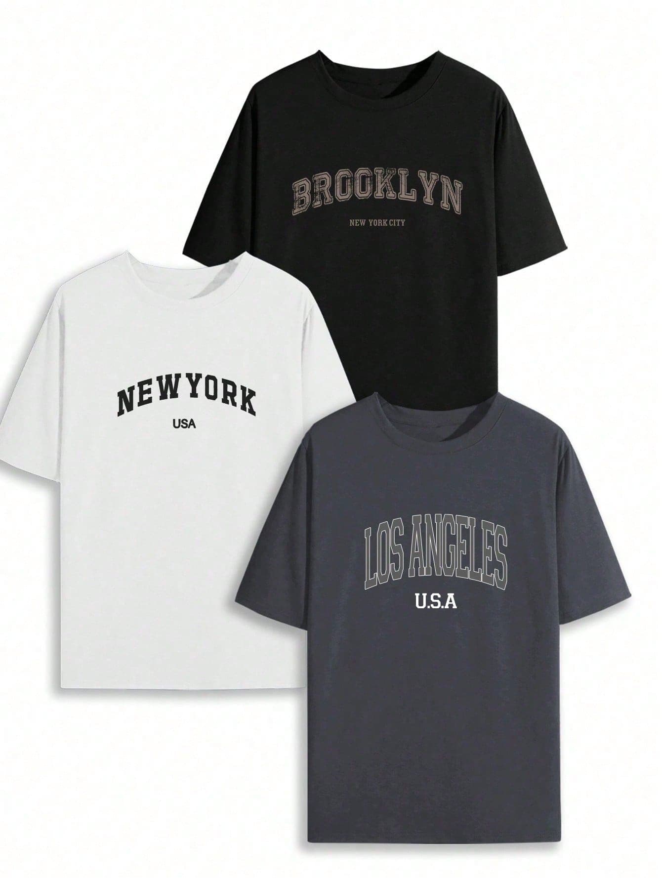 3pcs/Set Men's Summer Letter Print Crew Neck Short Sleeve Casual T-Shirt