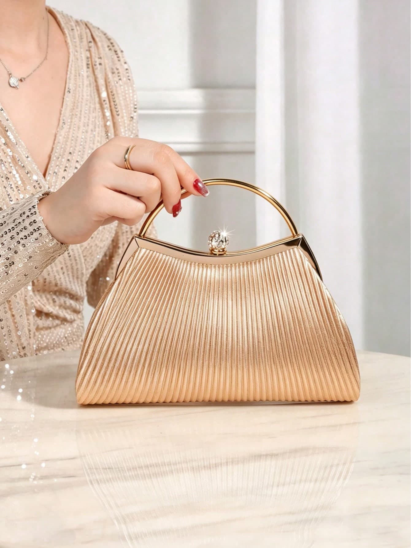 Women's Pleated Evening Bag, Elegant Pleated Kiss Lock Evening Bag, Shiny Metal Frame Crossbody Clutch, Kiss Lock Evening Bag, Perfect Clutch For Parties, Weddings And Banquets, Exquisite Square Evening Bag, Perfect Clutch For Party Girls, Women