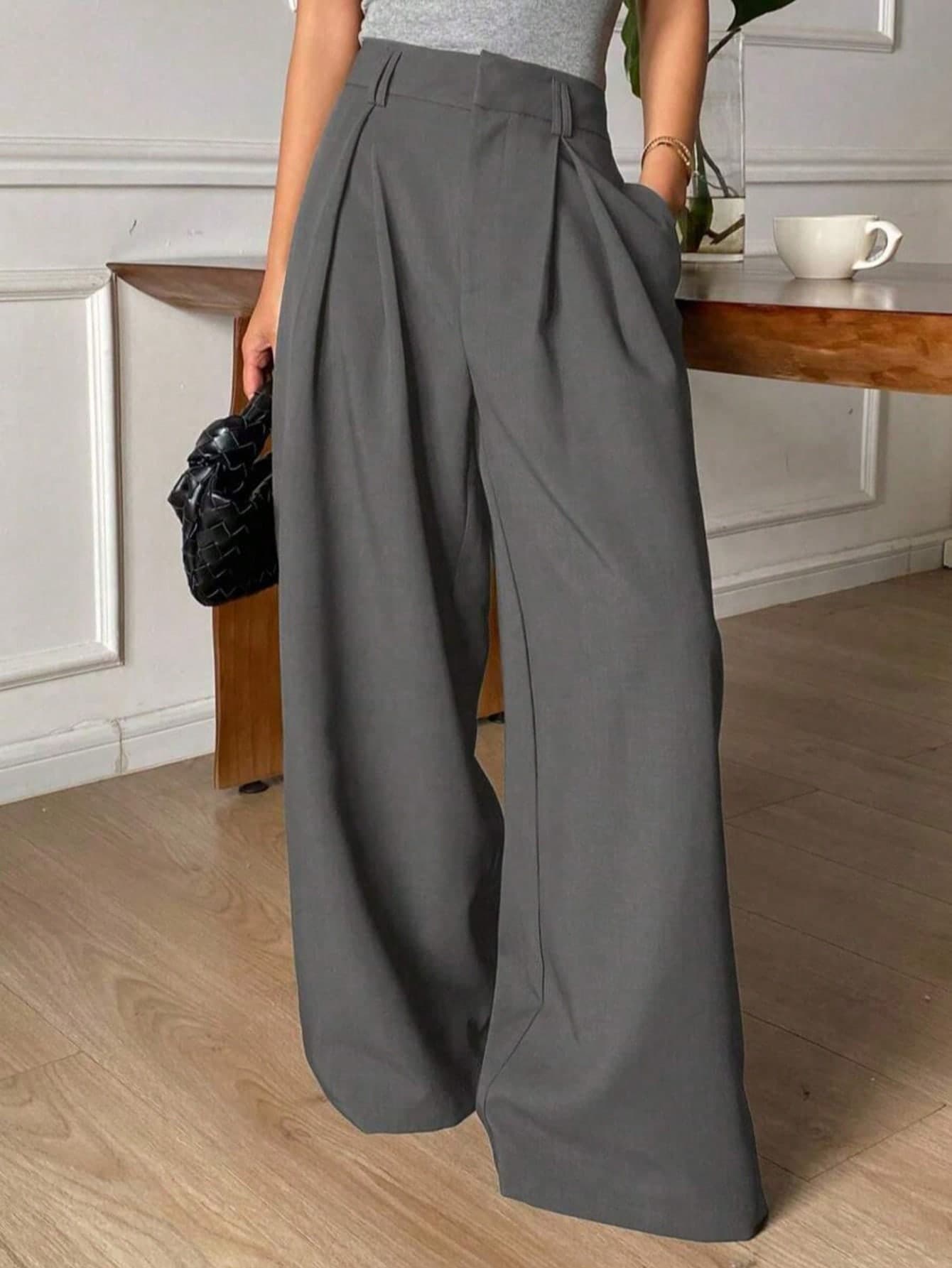 Women's Autumn Winter Fashion Office Commuter Grey Loose Straight Wide Leg Pants, Versatile Daily Casual Suit Trousers,Back To School Trousers