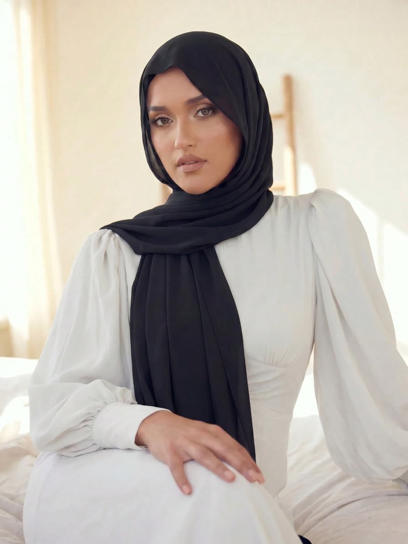 1pc Ladies Solid Color Abaya Accessories Chiffon Scarf Suitable For Daily Wear Headband Soft Hijab Veiled Clothes