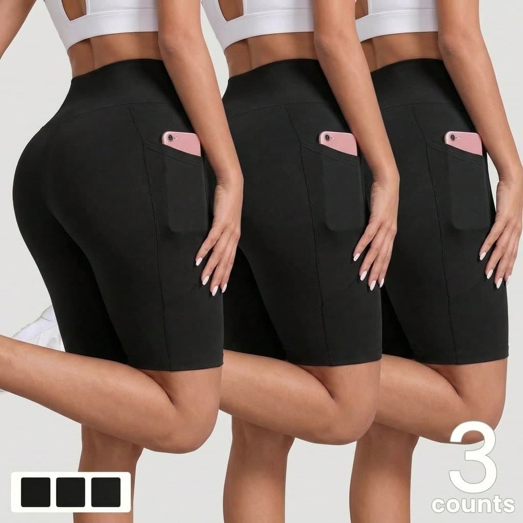 3pcs Black Spring/Summer New Yoga Sports 4-Inch Leggings, Tummy Control Waist, Dual Side Pockets, No Embarrassing Lines, Versatile Base Layer Cycling Pants, Thin Breathable Fabric, Snug Fit, Comfortable Elastic Minimalist Yoga Pants