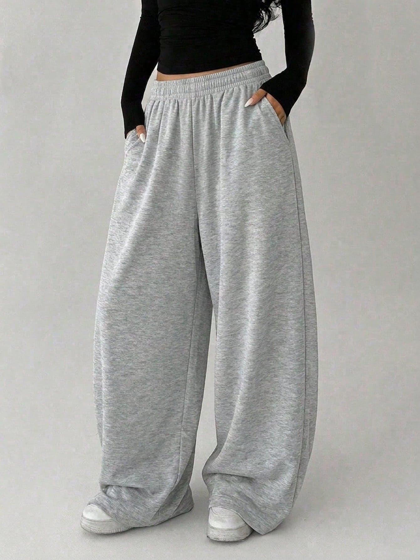 1pc Girls Teen Casual Sports Personalized Elastic Waist Wide Leg Straight Long Pants Spring Autumn Winter