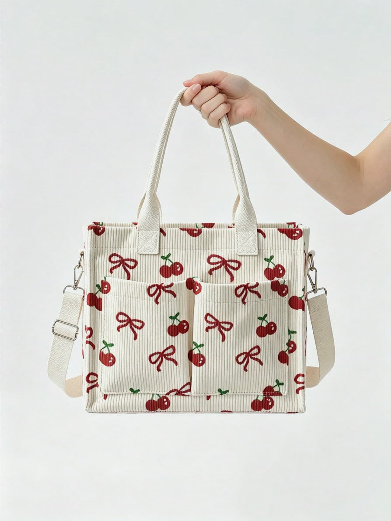 Cute Spacious White Corduroy Women's Tote Bag, Decorated With Bow And Cherry Print, Can Be Carried As A Crossbody Or Shoulder Bag, Versatile And Practical