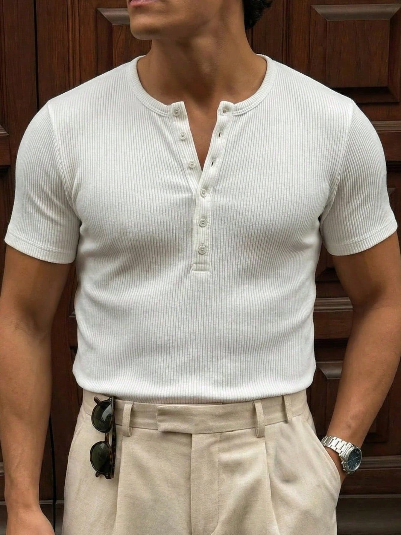 Men's Vintage Coin Texture Henley Neck Short Sleeve T-Shirt