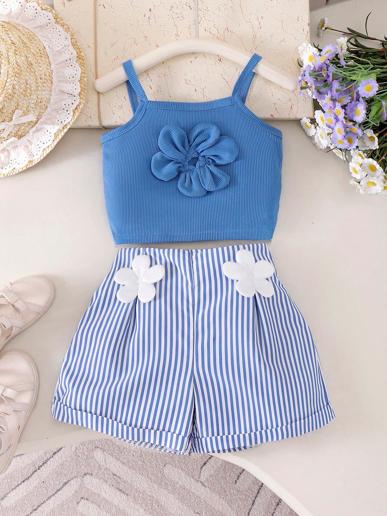 2pcs/Set Toddler Girls' Casual Floral Decor Camisole And Blue Striped Shorts Set, Summer