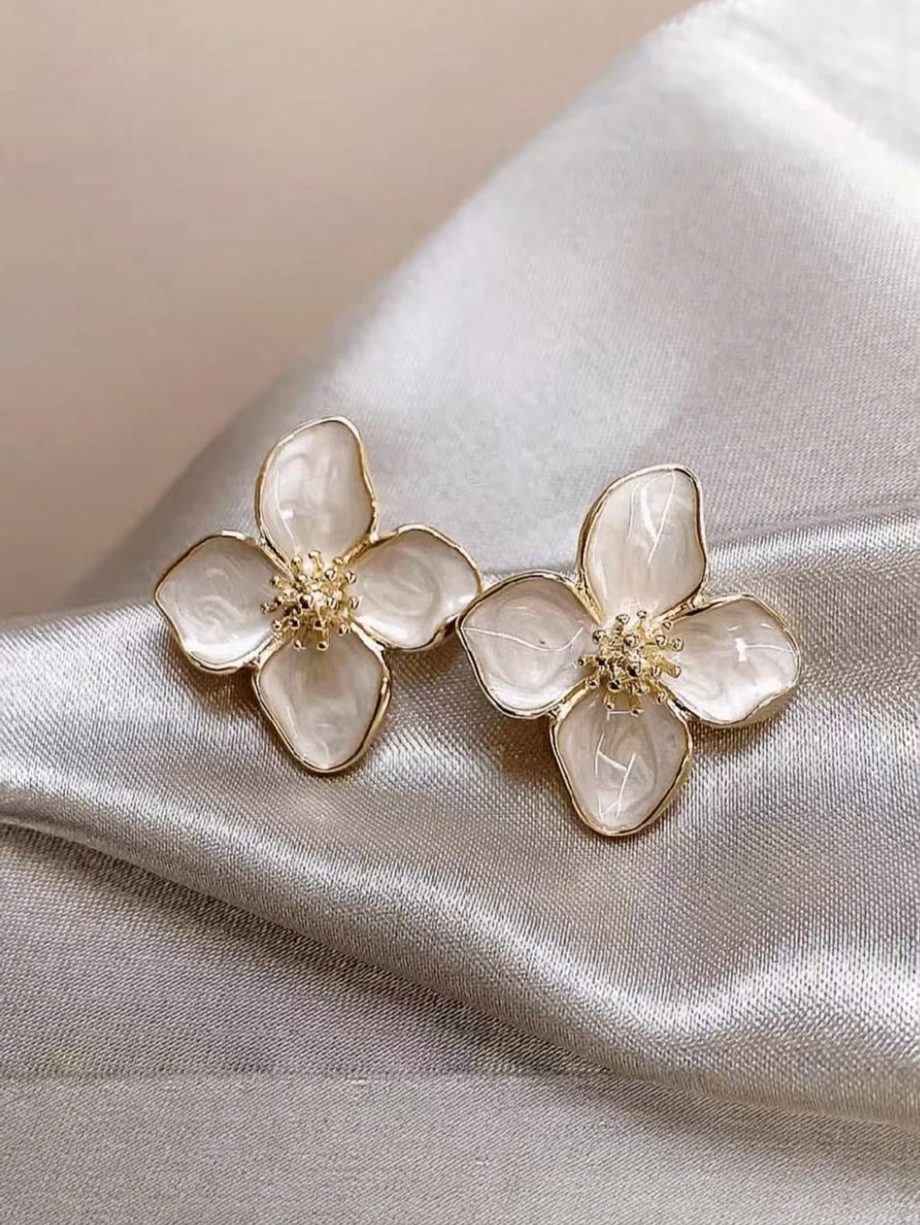 1 Pair Fashionable Hibiscus French Retro Hong Kong Style Glazed Red Flower Stud Earrings, Versatile Floral Earring Accessories