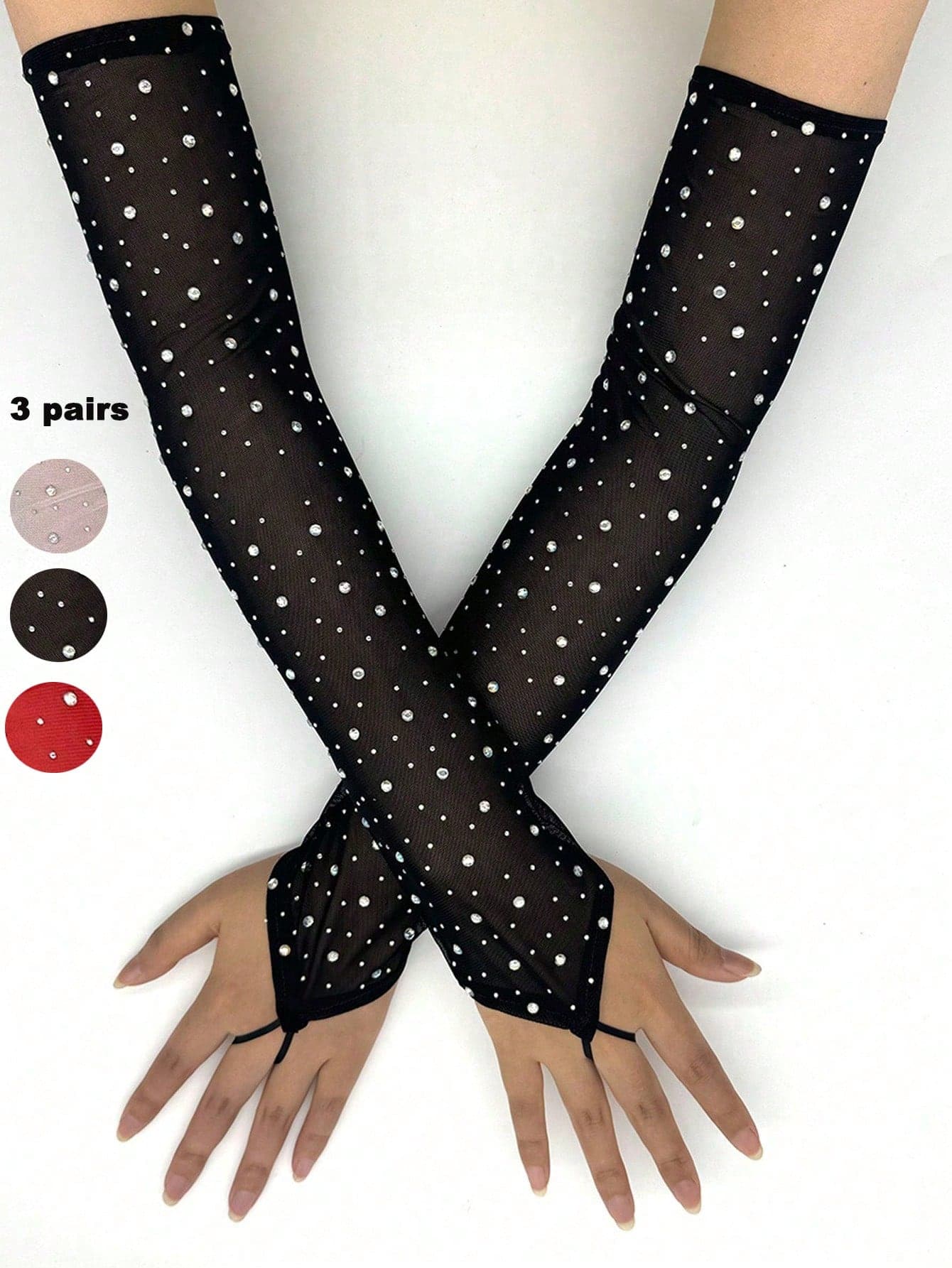 1/2/3 Pairs Women's Arm Sleeves Fashion Rhinestone Mesh Disco Retro Tulle Black Elastic Colorful Rhinestone Gloves EDM Festival Outfit Accessories Shiny Party Rhinestone Performance Gloves