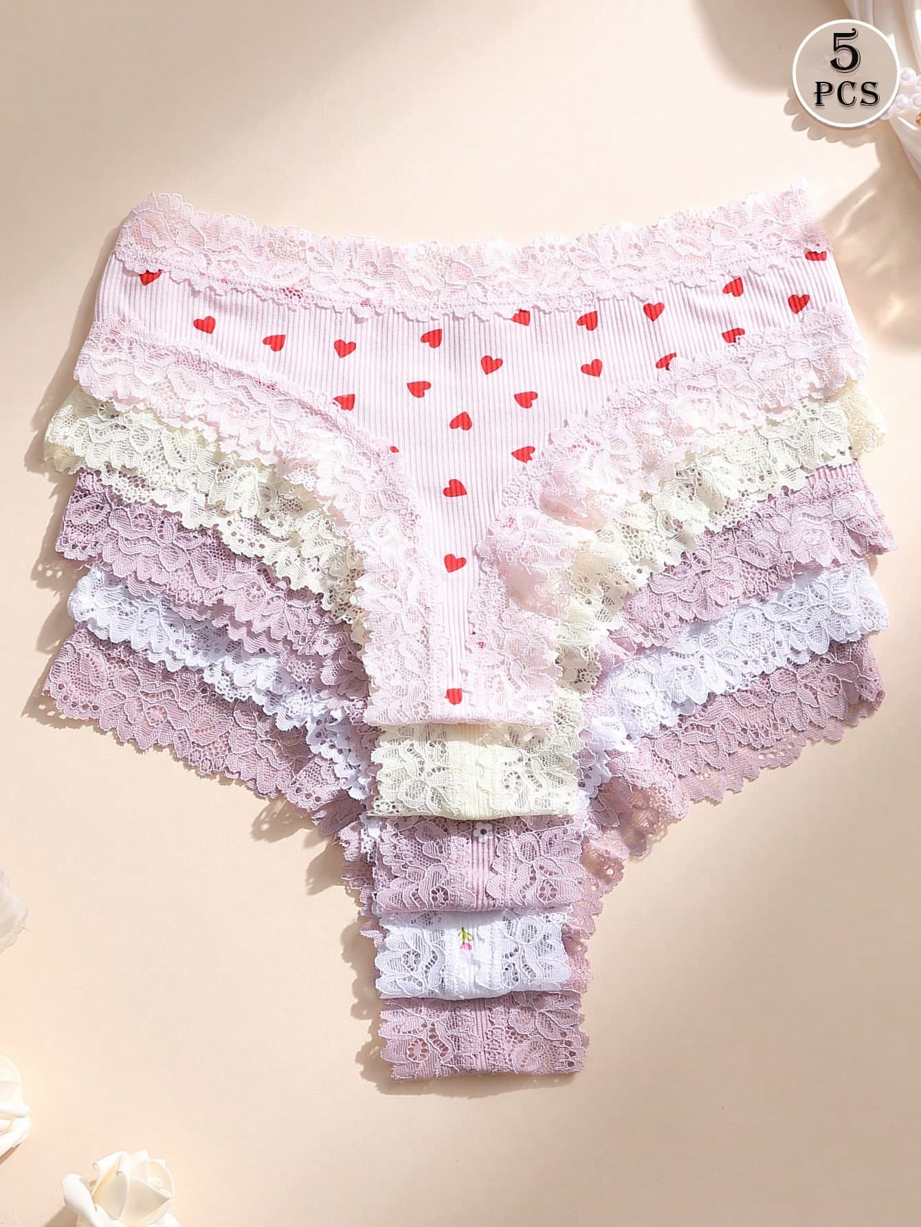 5pcs Sexy Women's Lace Patchwork Low Waist Seamless Ribbed Thong Panties, Soft Comfortable Breathable, Suitable For Yoga, Sports And Daily Wear