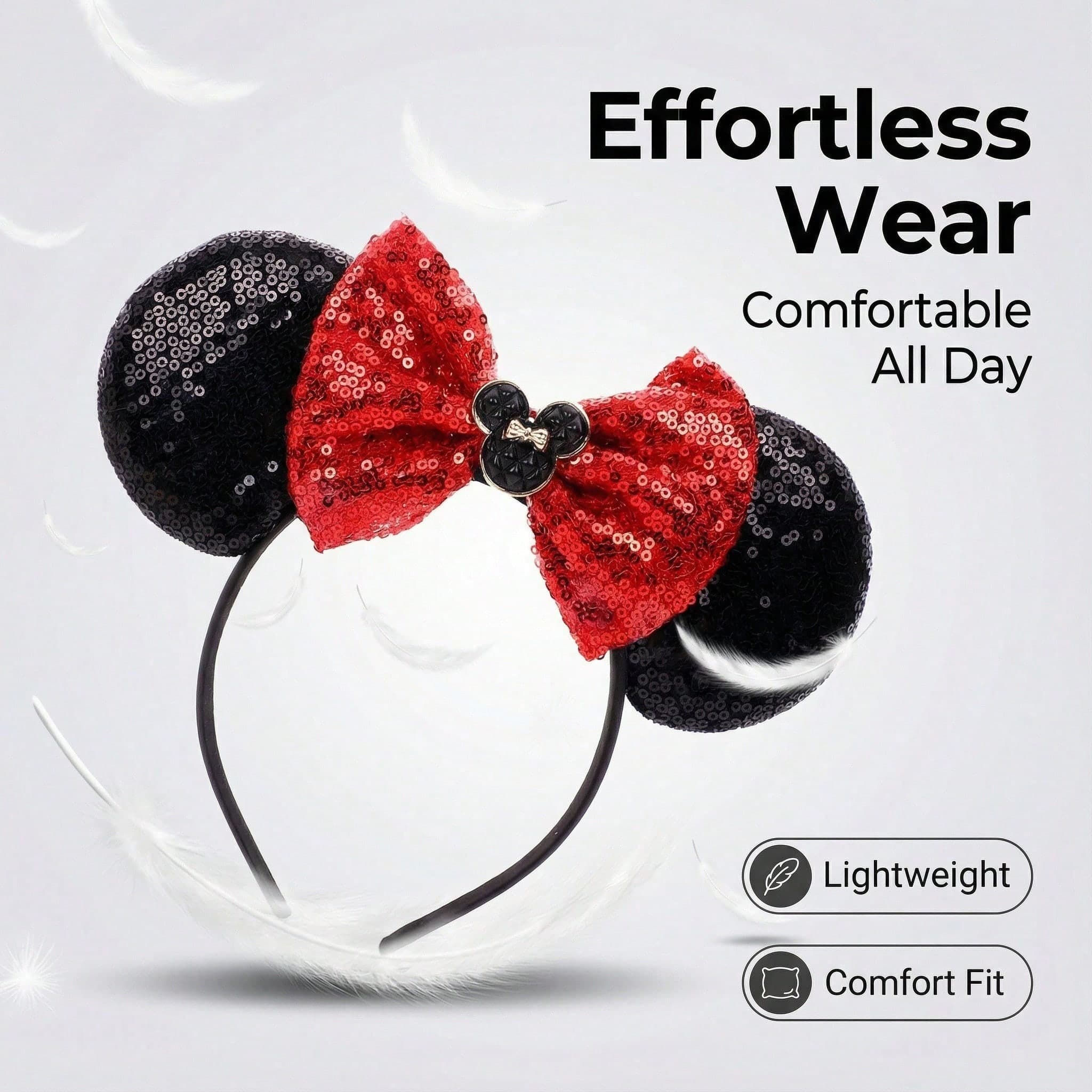Disney Mouse Ear Headband With Red Sequin Bow - Classic Black Mouse Ears, Perfect For Women And Girls, Ideal For Disney Parks, Hair Accessories