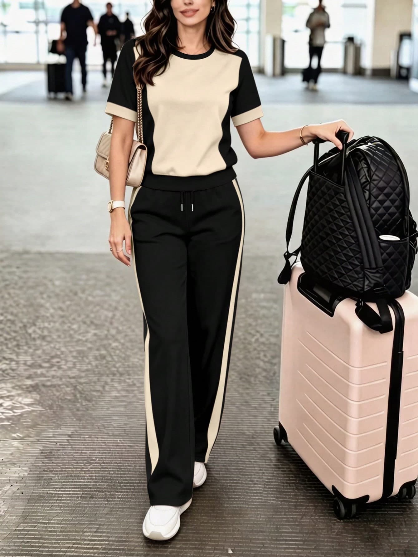 Spring/Summer Women's Casual Matching Color Block Crew Neck Short Sleeve Top And High Waist Loose Straight Leg Pants 2-Piece Set, T-Shirt And Color Block Pants Suit, Vacation Outfit, Travel Wear, Beach Style, Minimalist Resort Wear