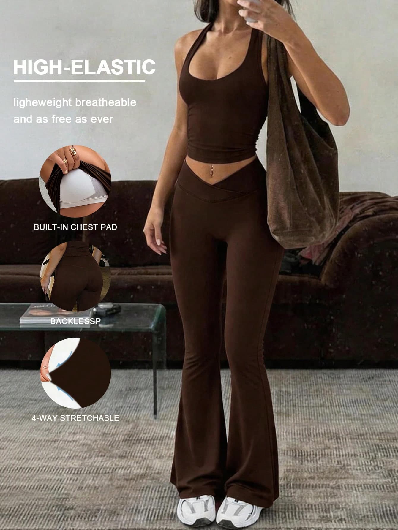 GAOVOT Women's Summer Sexy V-Neck Tank Top Paired With High-Waisted Spicy Hot Pants, Suitable For Sports Yoga Fitness Brown