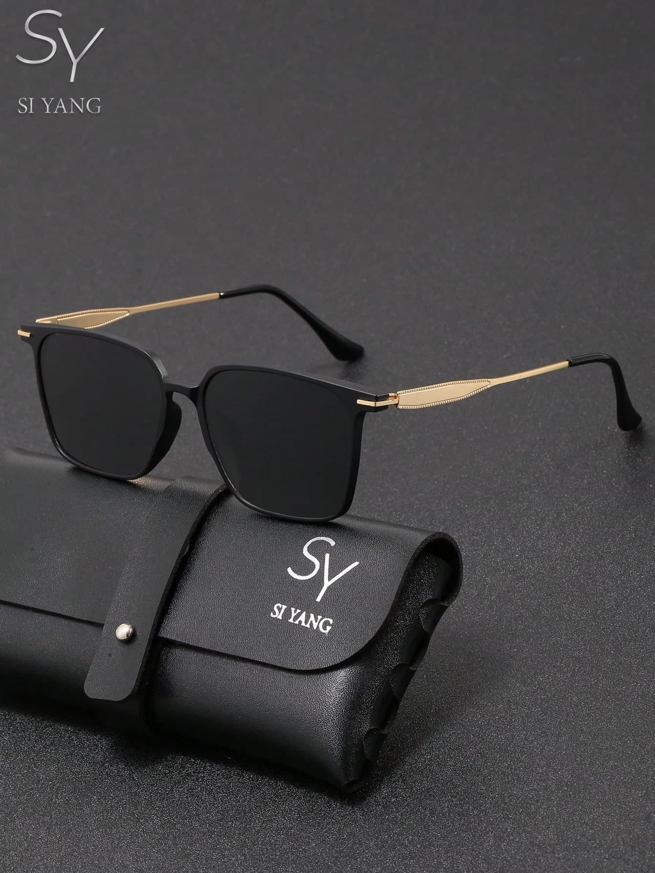 SY SI YANG Brand Square Frame Polarized Sunglasses, Black Frame Metal Temple Sunglasses, Personalized Street Style Fashion Item, Fashion Casual Driving Outdoor Sun Protection Glasses