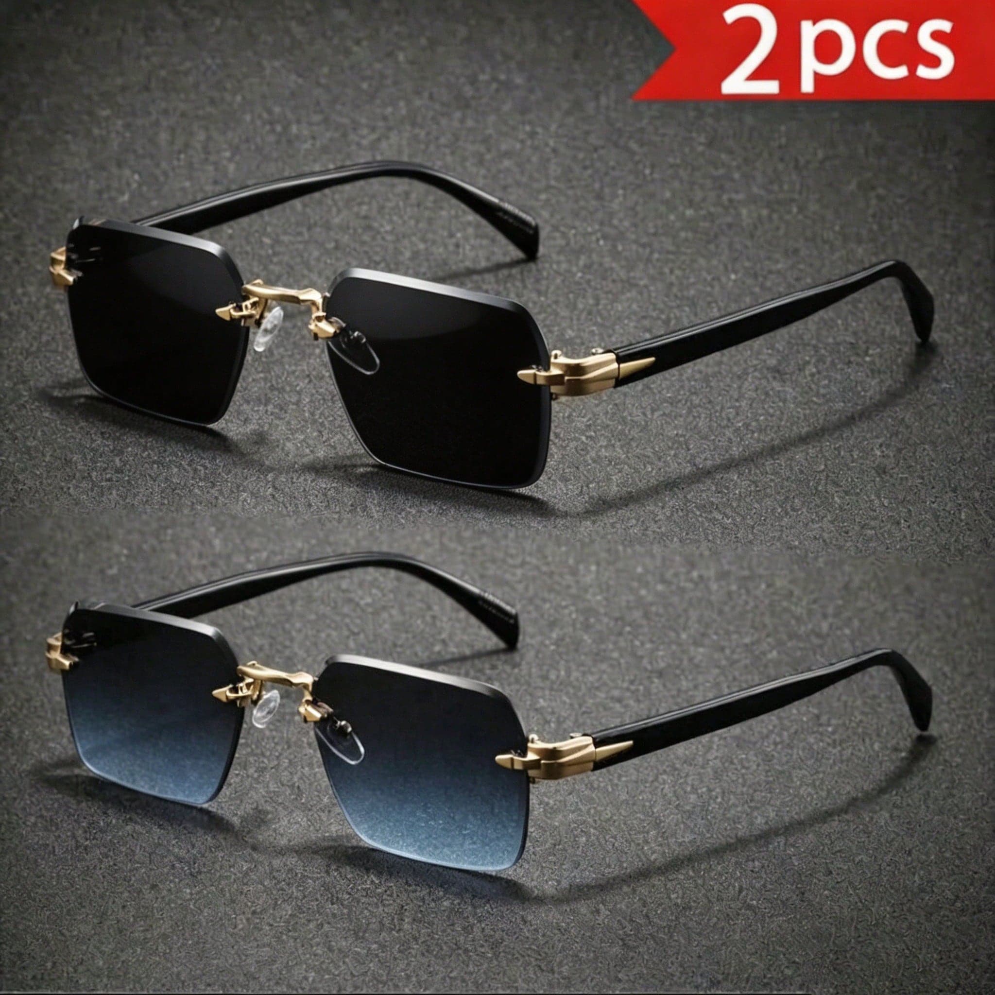 2PCS Men's Fashion Decorative Glasses Gold Plastic Material, Solid Color Pattern, Vintage Style, Square Shape, Rimless Glasses, Suitable For Daily Use, Driving, Hiking, Summer Beach, Outfit Matching, Street Photography, Various Holidays, Party Gatherings, Suitable As A Gift, Suitable For All Face Shapes, High Quality Glasses, Fashion Accessory
