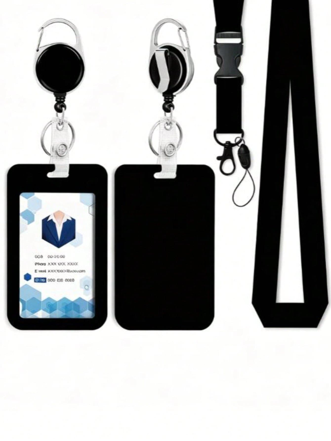 1pc Black ID Card Holder With Lanyard, Retractable Heavy Duty Card Reel ID Lanyard, ID Card Holder With Keychain Clip Lanyard