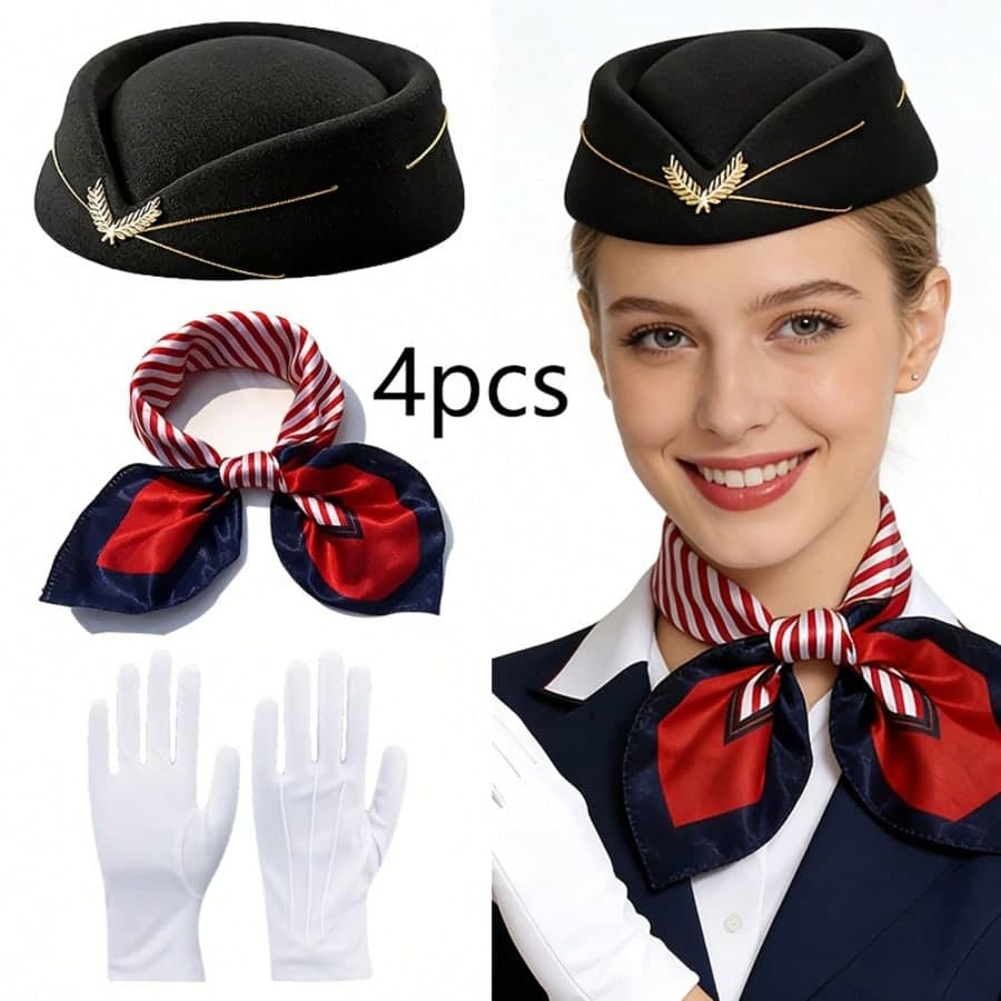 4pcs Flight Attendant Costume Accessories, Women's Dress-Up Set, Includes Server Hat, Scarf, Gloves, Suitable For Aviation Theme Events, Classic Flight Attendant Cosplay Accessories And Stage Performances