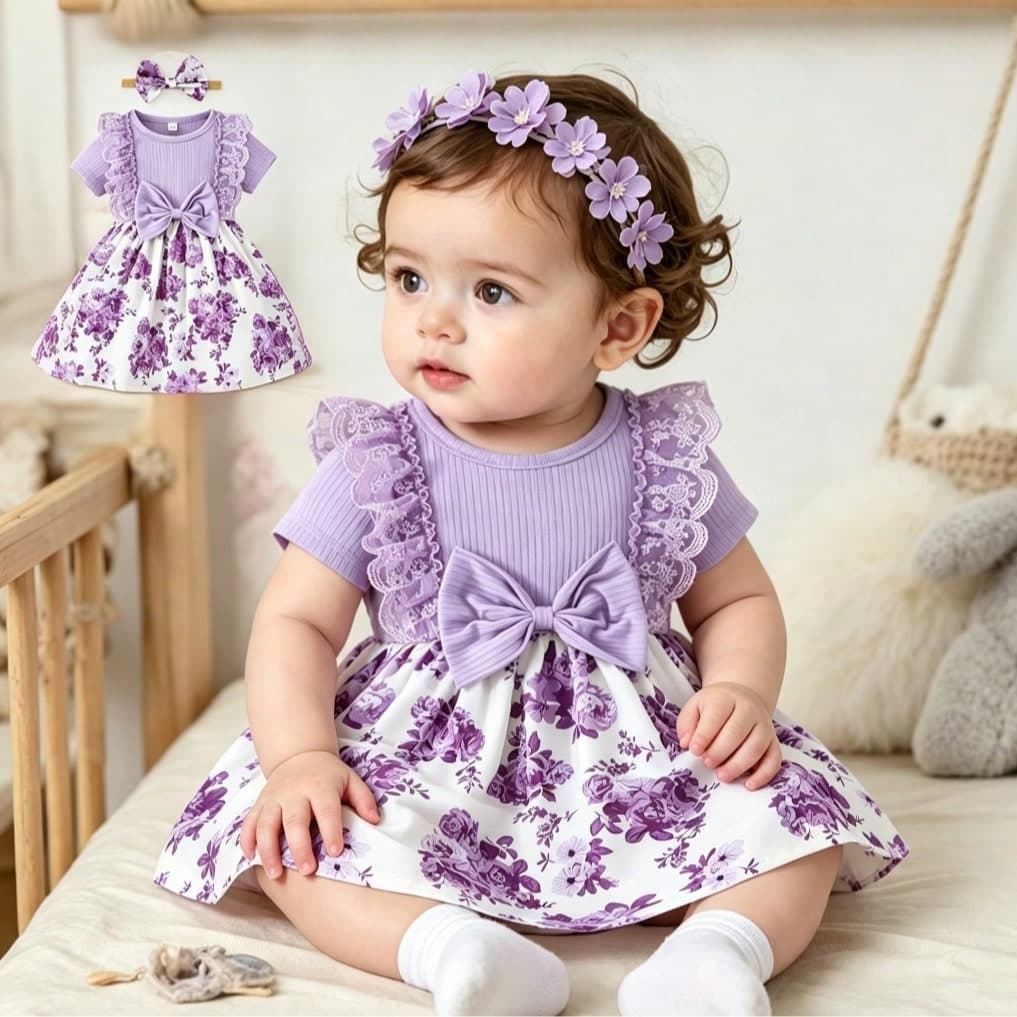 2pcs/Set Toddler Girls Dress, Bow & Floral Pattern Lace Strap Short Sleeve Dress + Headband, Suitable For Holiday Party Fashion Spring/Summer