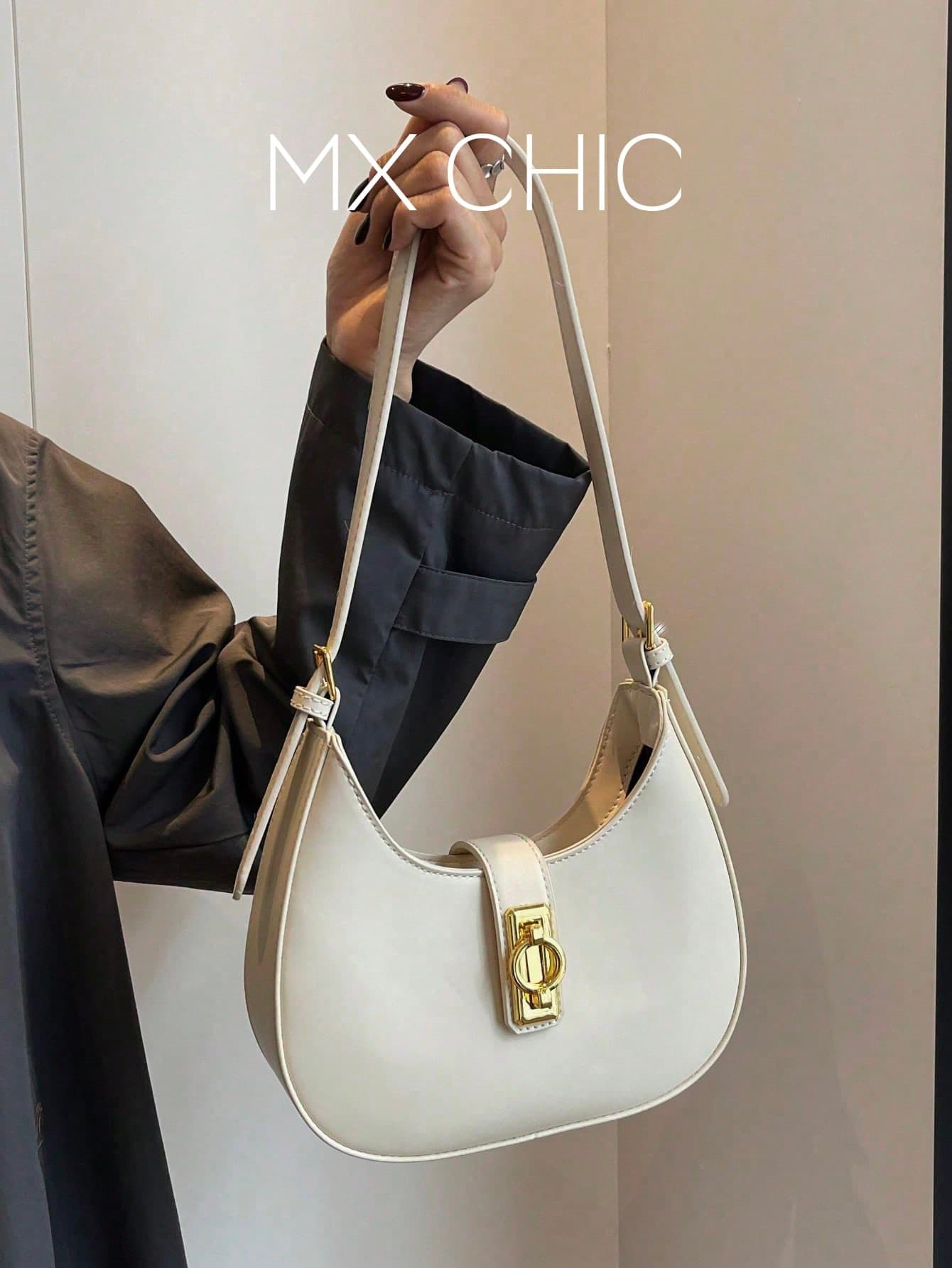 1pc Solid Color Shoulder Bag, Armpit Bag, Crescent Bag, With Detachable Long Strap, Zipper, PU Material