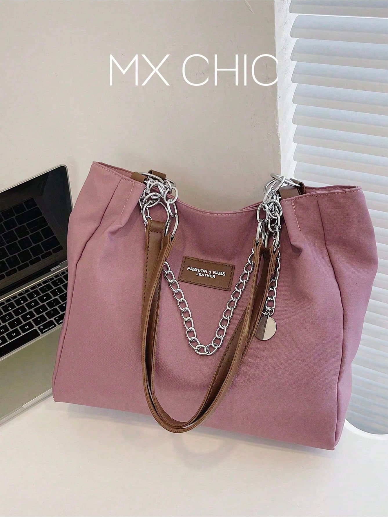 Women's Solid Color Chain Decor Shoulder Bag, Minimalist Lightweight Large Capacity Shopping Bag, Suitable For Daily Office And Travel