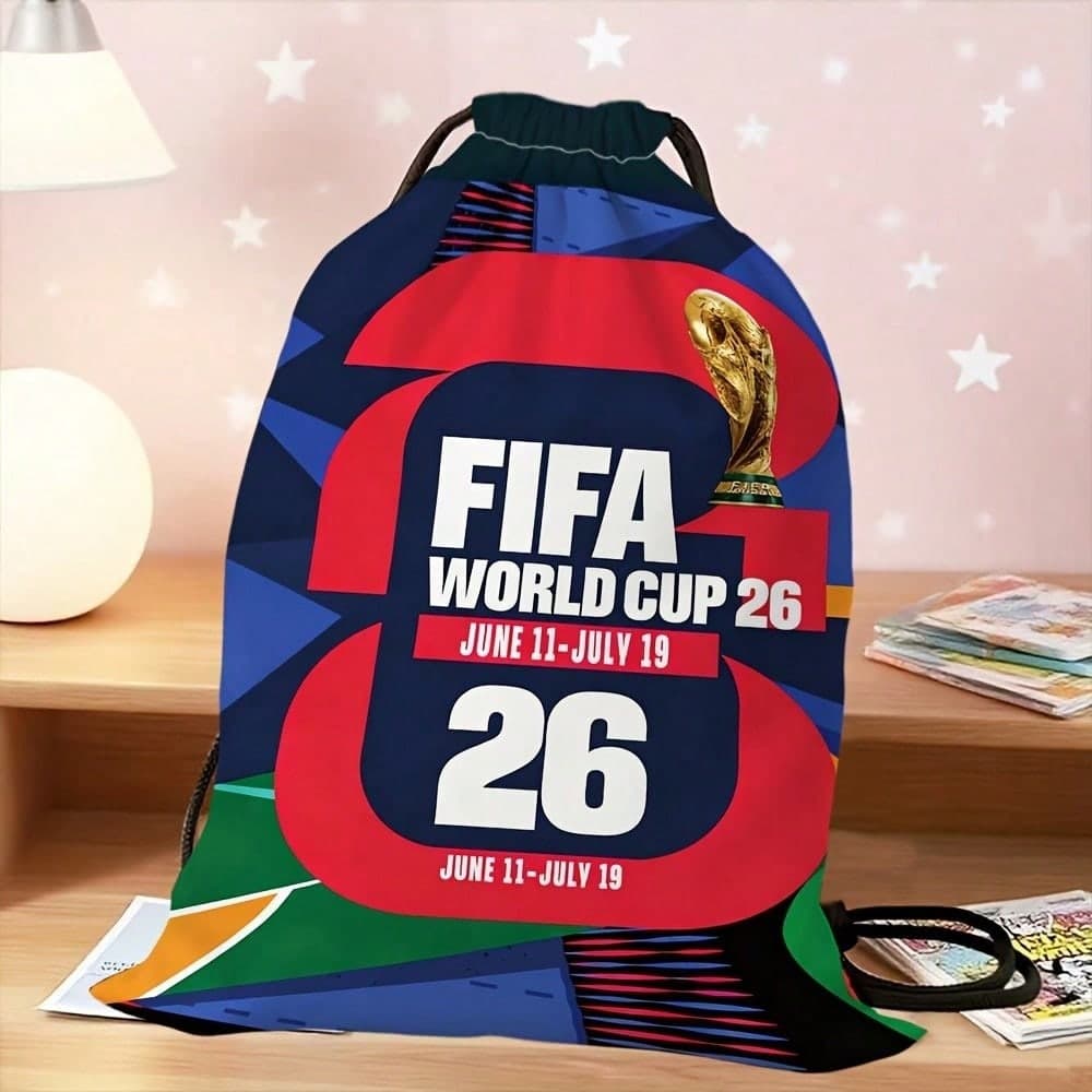 FIFA Drawstring Gym Bag, 2026 USA Canada Mexico World Cup Unisex Drawstring Backpack, Back To School Sports Bag, Durable Printed Drawstring Pouch, Soccer Fan Cheer Bag, Hiking Bag, Black And White Portable Storage Bag