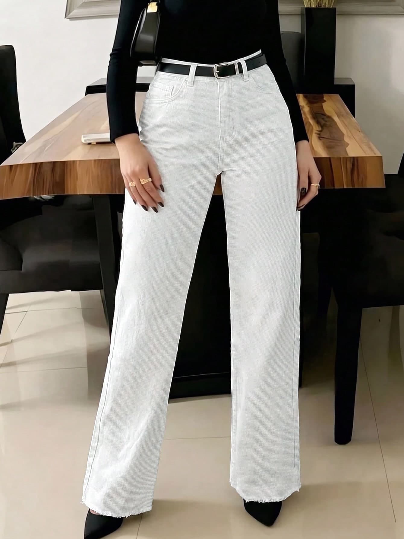 Women's White Straight Leg Jeans, Casual Elegant Long Pants, With Pockets And Frayed Hem, Create A Fashionable Look