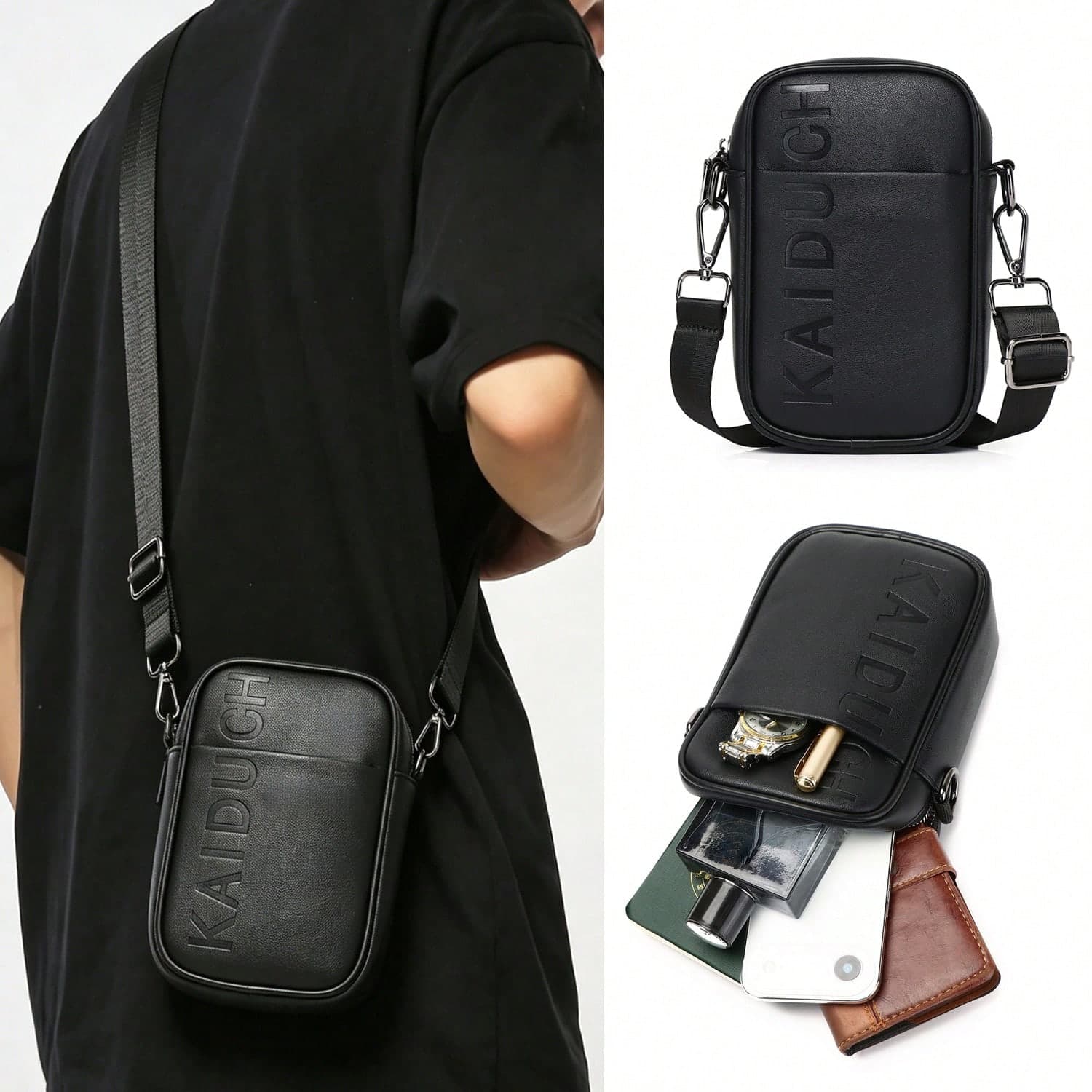 KAIDUCH Men's Mini Crossbody Bag, Embossed Logo PU Leather Sling Bag, Adjustable Strap Phone Purse, Casual Small Shoulder Bag For Daily & Outdoor Gift For Men
