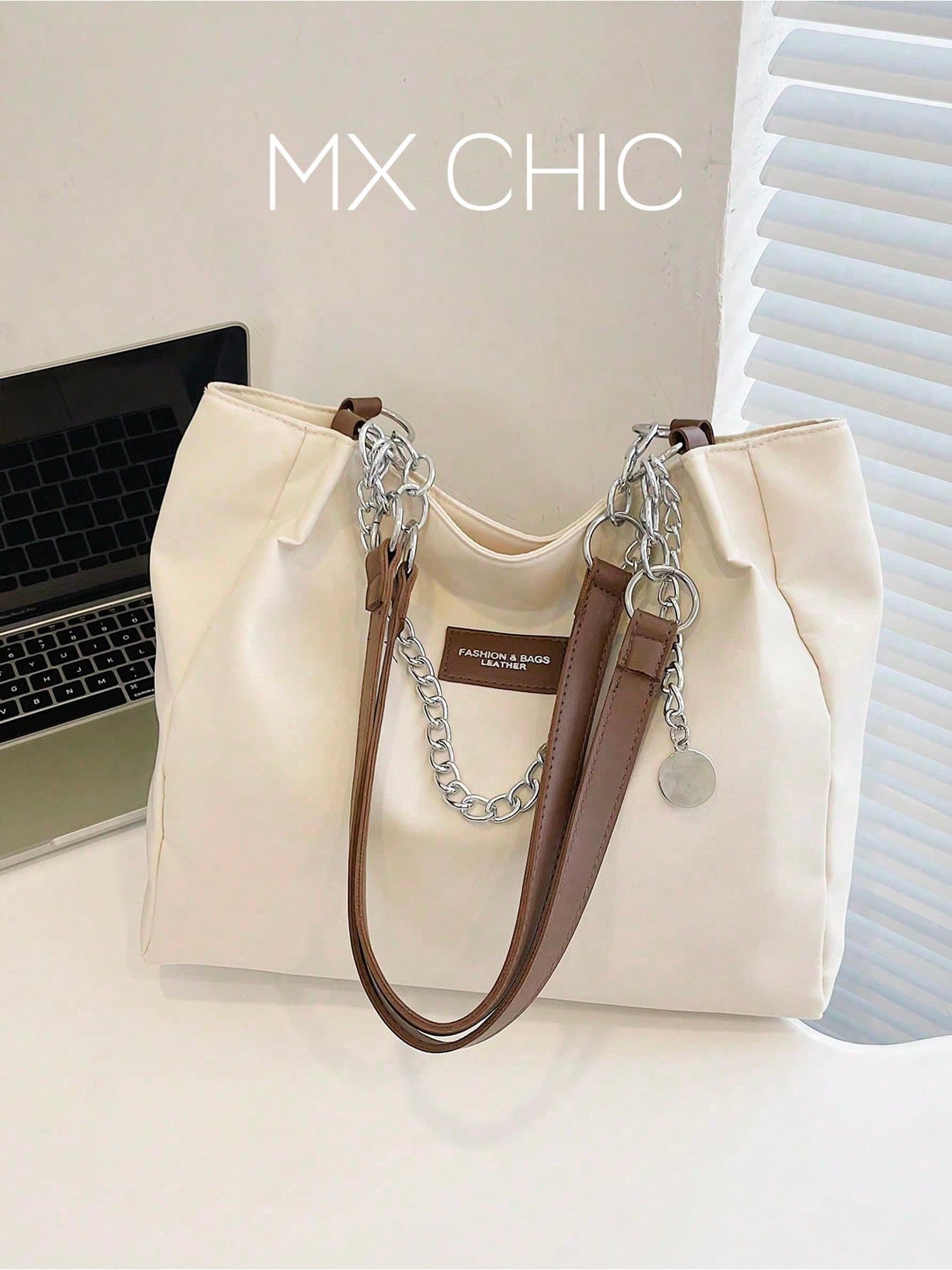 Women's Solid Color Chain Decor Shoulder Bag, Minimalist Lightweight Large Capacity Shopping Bag, Suitable For Daily Office And Travel
