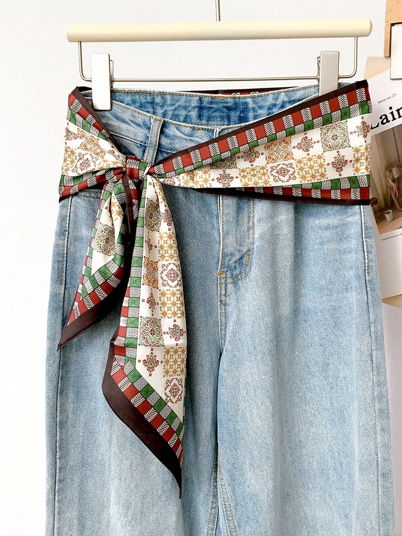 1pc Vintage Geometric Print Belt Scarf, Colorful Accessory, Elegant Women's Long Scarf, Fashion Waist Ornament, Great Gift