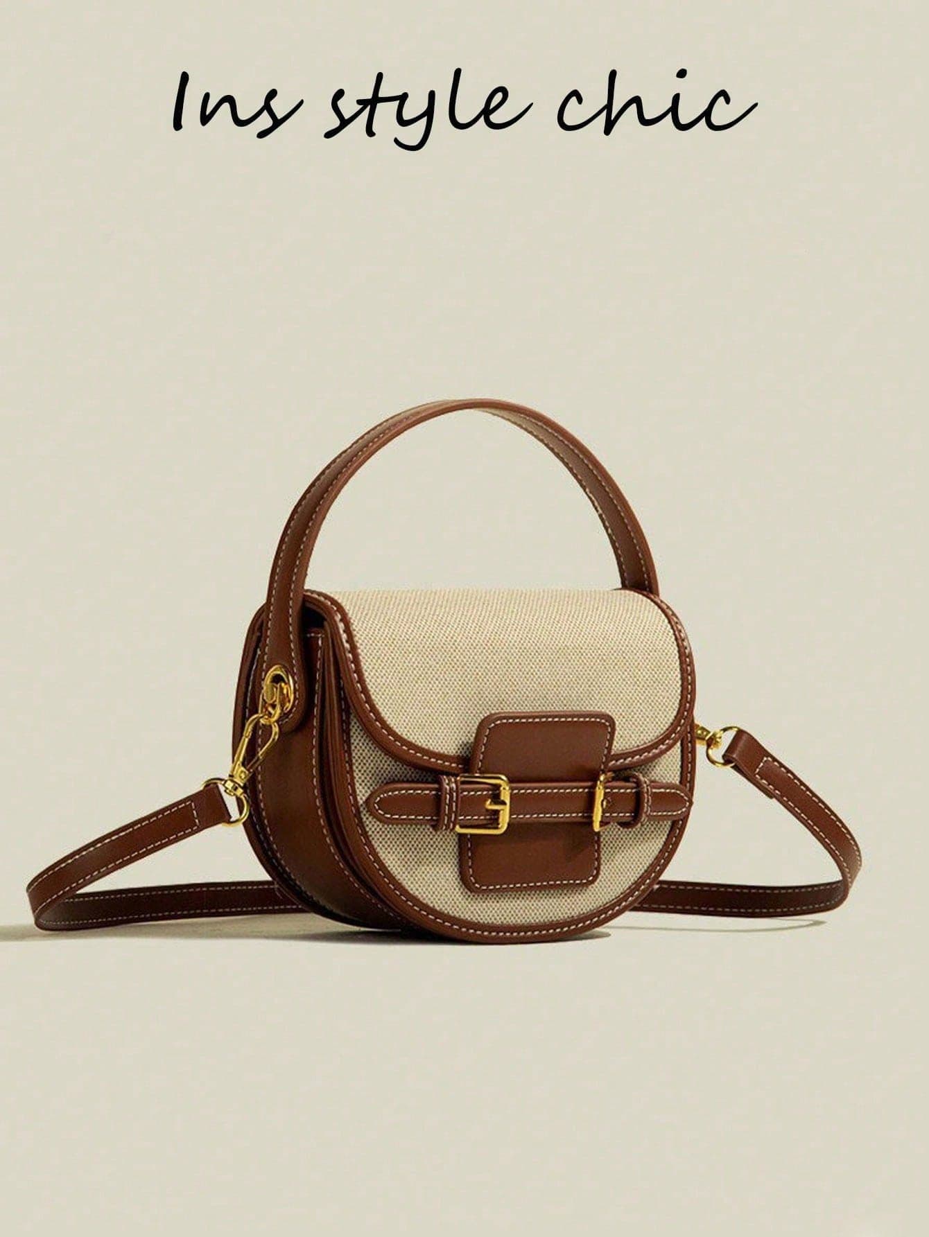 Versatile Everyday Handbag Made Of Textured Canvas And Polished Leather, Warm And Soft Tones. Compact Design, Secure Buckle And Detachable Shoulder Strap, Making It An Ideal Choice For Work, Errands Or Weekend Outings, Combining Minimalist Fashion And Practical Functionality.