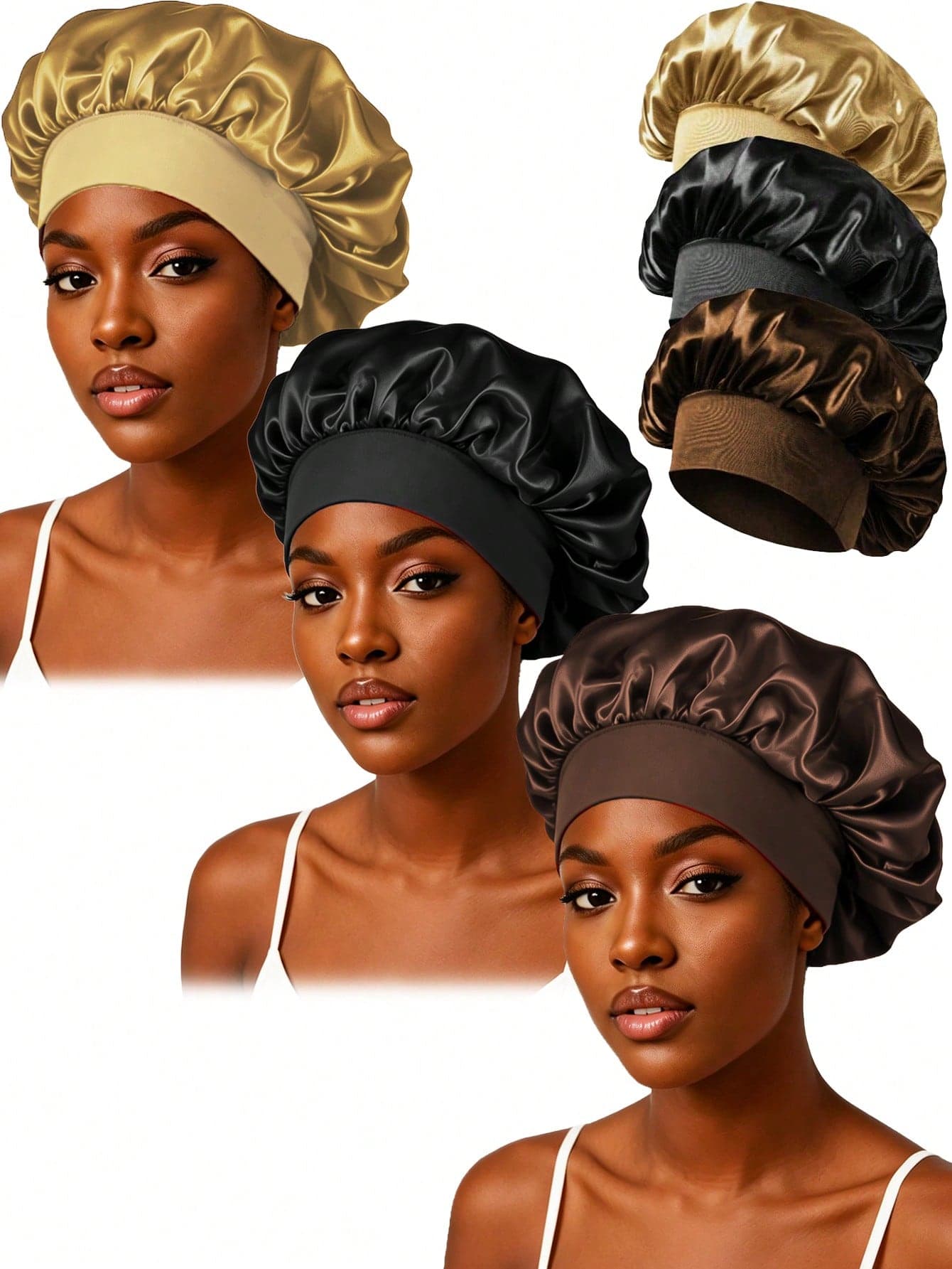CONFLASS 3pcs Satin Wide Brim Sleep Cap/Hair Cover For Women, Assorted Colors, Suitable For Daily Use,Beach,Travel