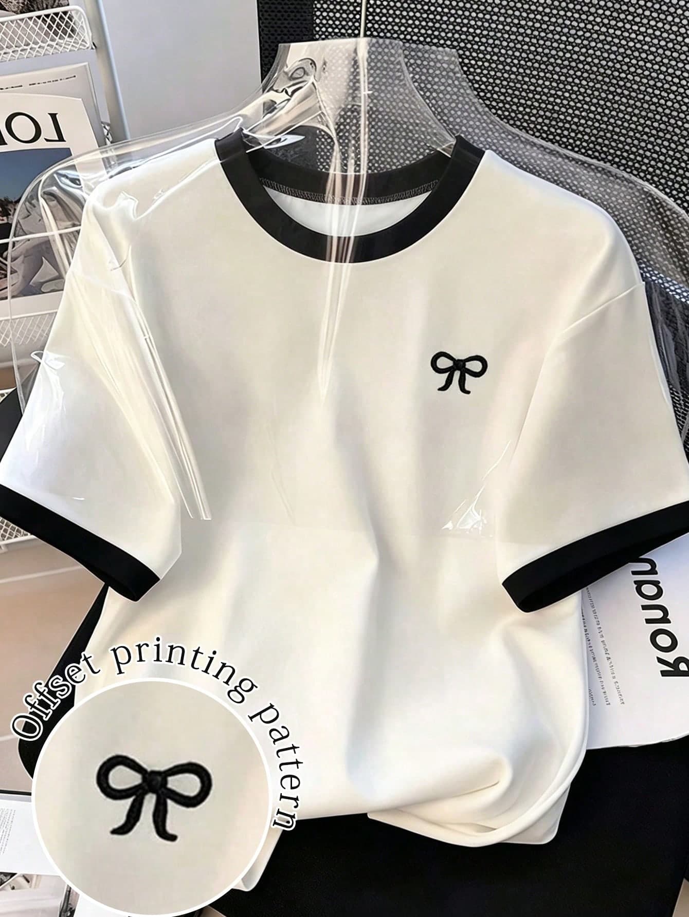 Bow Print Loose Short Sleeve T-Shirt, Spring/Summer Casual