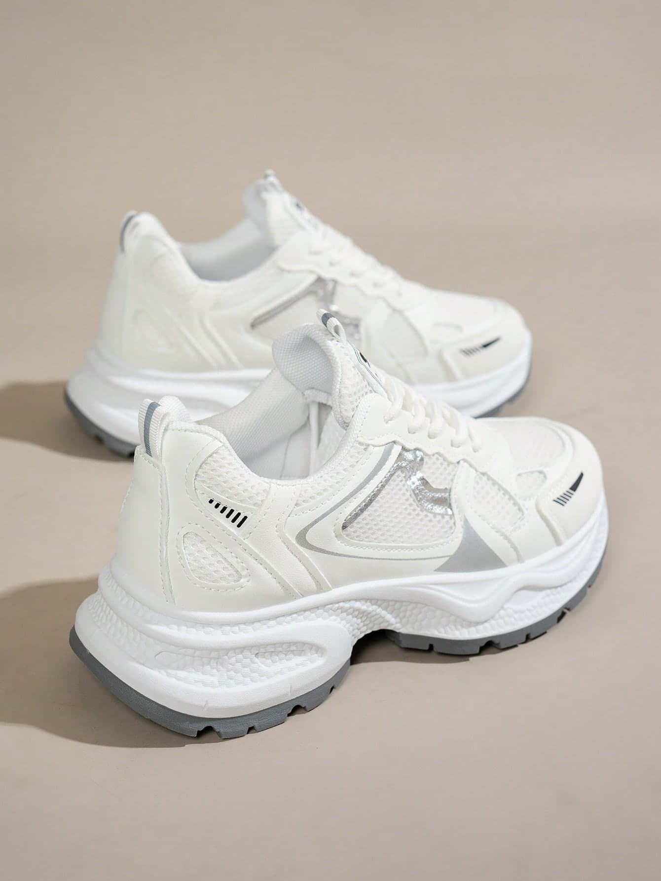 Women's Spring/Autumn New Casual Sneakers, Mesh Breathable Platform Wedge Heel Lace-Up Lightweight Versatile Fashion Sneakers, White/Gray, Suitable For Running, All Season