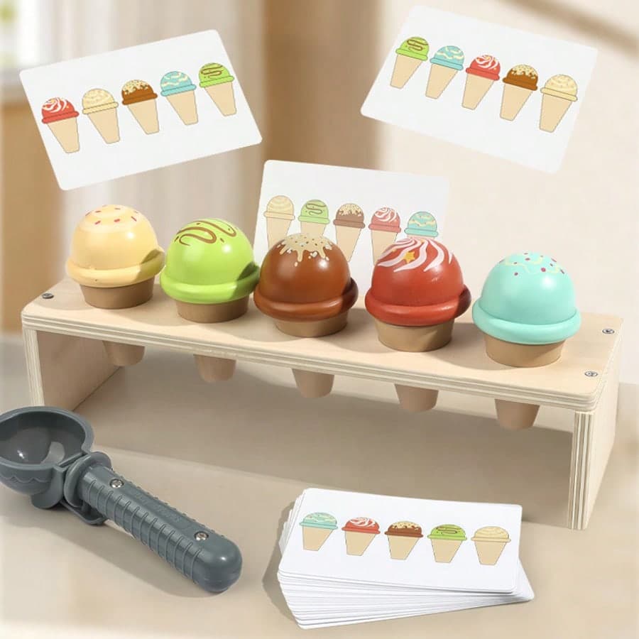 18 Months+ Wooden Ice Cream Toy Set, Color Sorting And Stacking Toy, Role Play Food For Boys And Girls, Educational Gift To Develop Fine Motor Skills