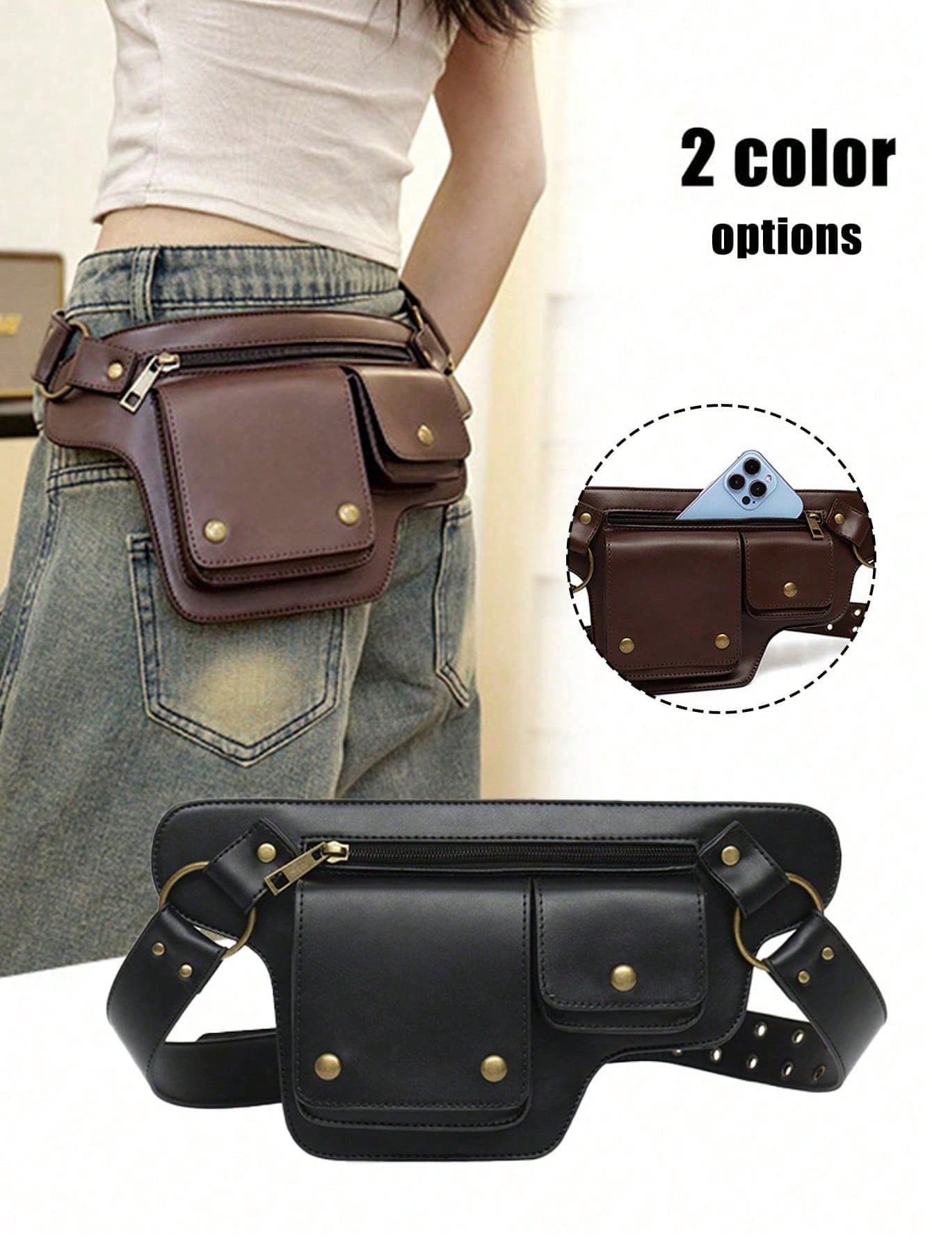 Punk Style Waist Bag, Retro PU Leather Belt Bag, Outdoor Sports Travel Sling Bag, Retro Outdoor Cycling Bag, Multi-Function Storage Bag, Phone Bag, Cool Punk Motorcycle Style Waist Bag, Retro PU Leather Belt Bag - Avant-Garde Punk Style Design, Adjustable Waist Bag, Multiple Card Slots, Magnetic Buckle