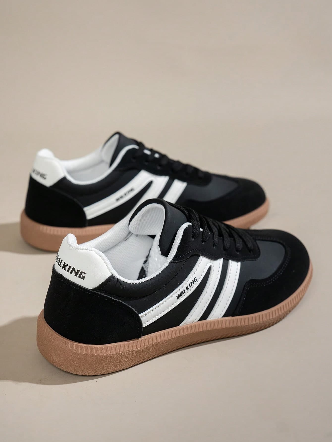 Women's Multifunctional Fashion Casual Shoes, Flat Lace-Up Round Toe Rubber Sole Casual Sneakers, Black & Khaki Color Block, Daily Matching Shoes, Casual Shoes Size 36-41, Fashionable