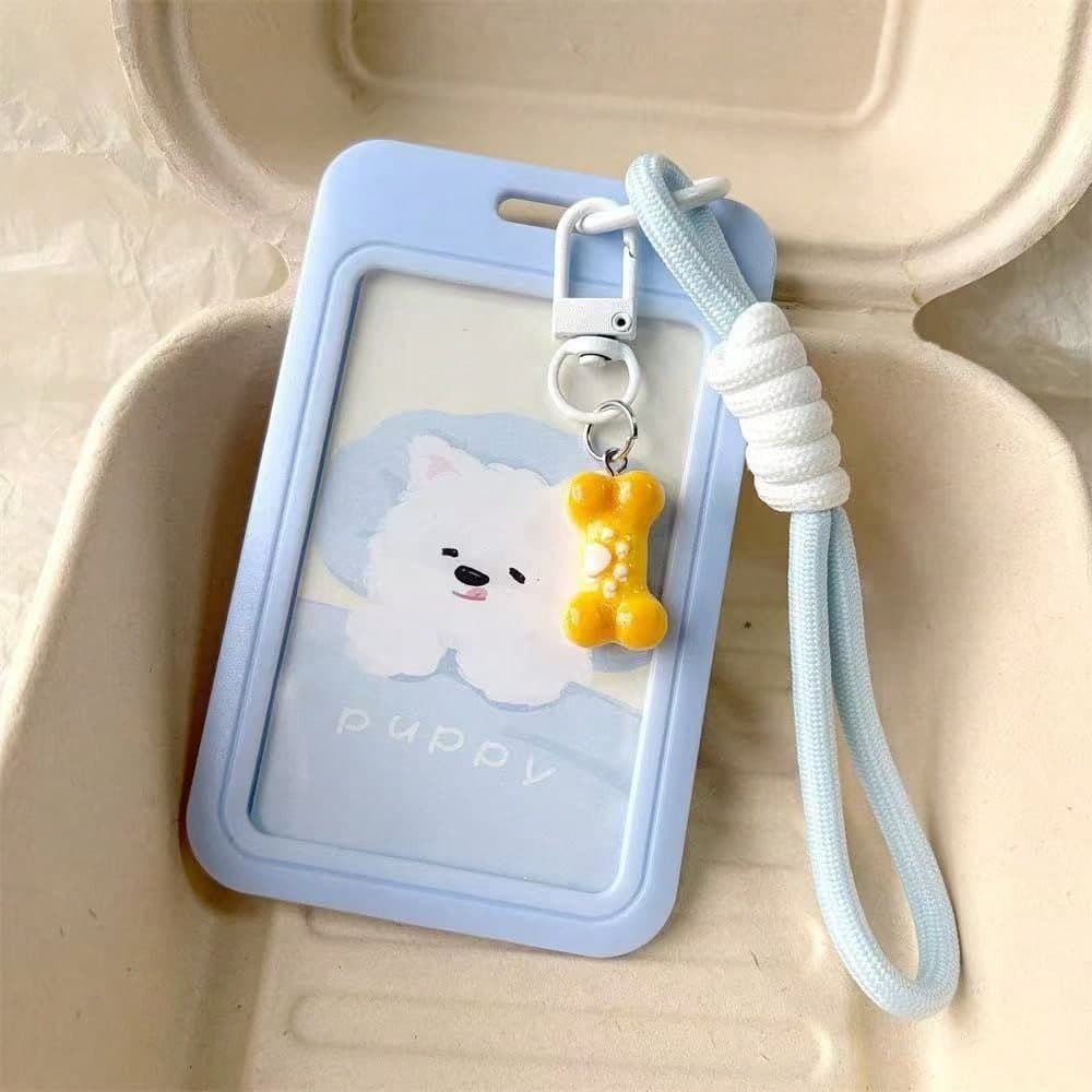 Cute Puppy Slide Cover Card Holder Woven Lanyard Wrist Strap Student ID Bus Card Meal Card Campus Card Protective Sleeve, Back To School Season Suitable For School Use, Gift For Friends, Suitable For Students