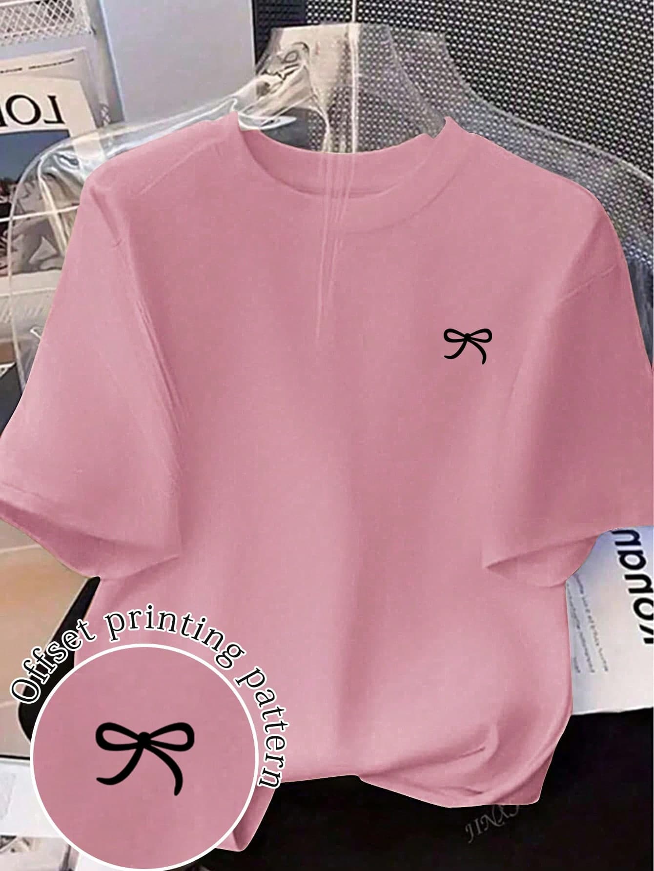 Bow Print Wide Shoulder Loose Short Sleeve T-Shirt Casual Pink Summer